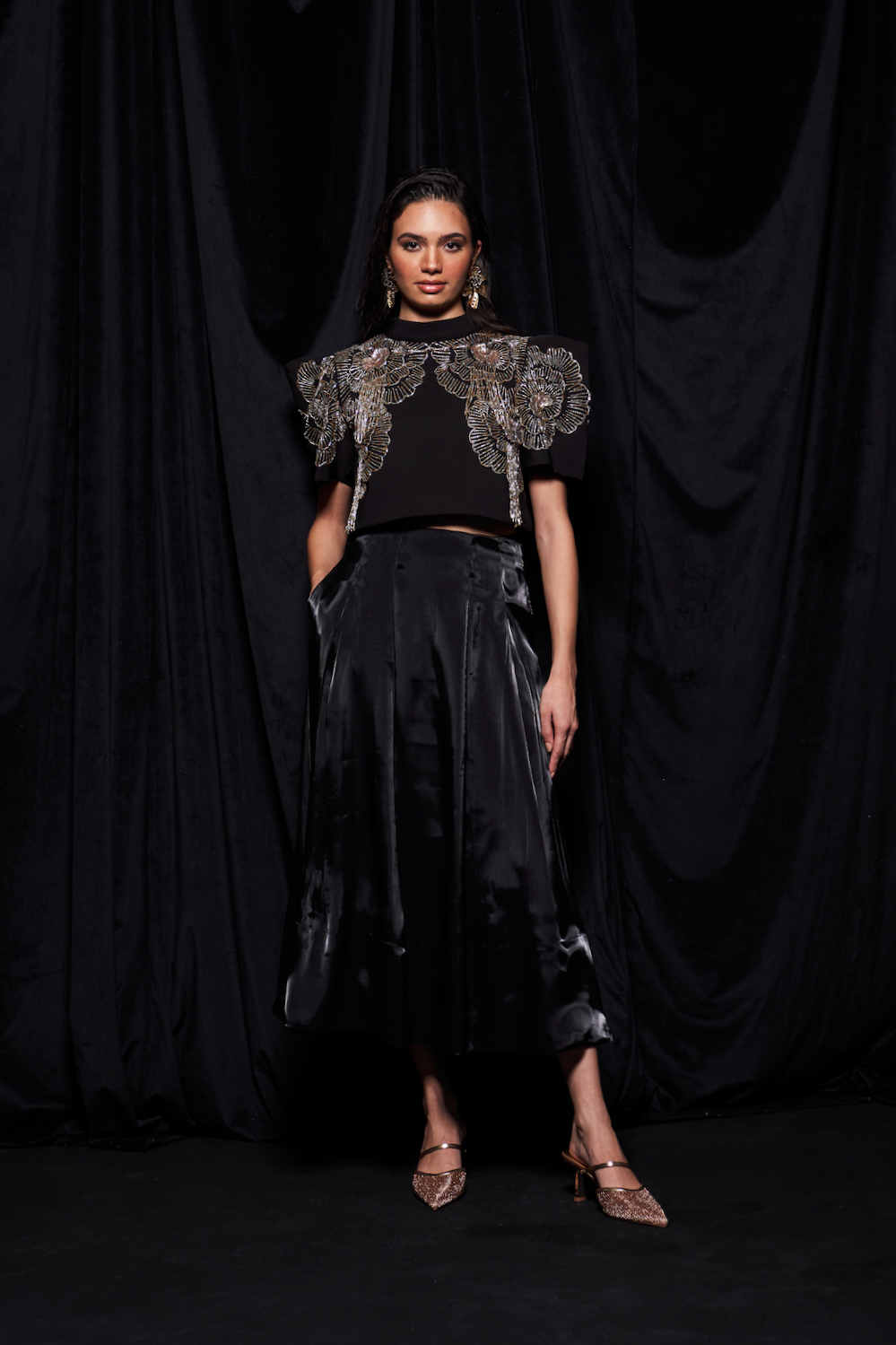 LEILA BLACK COLOR CO-ORDINATE WITH CROP LENGTH BOX SLEEVES GOLD SILVER BEADS EMBROIDERY TOP AND FLUID ORGANZA MIDI SKIRT