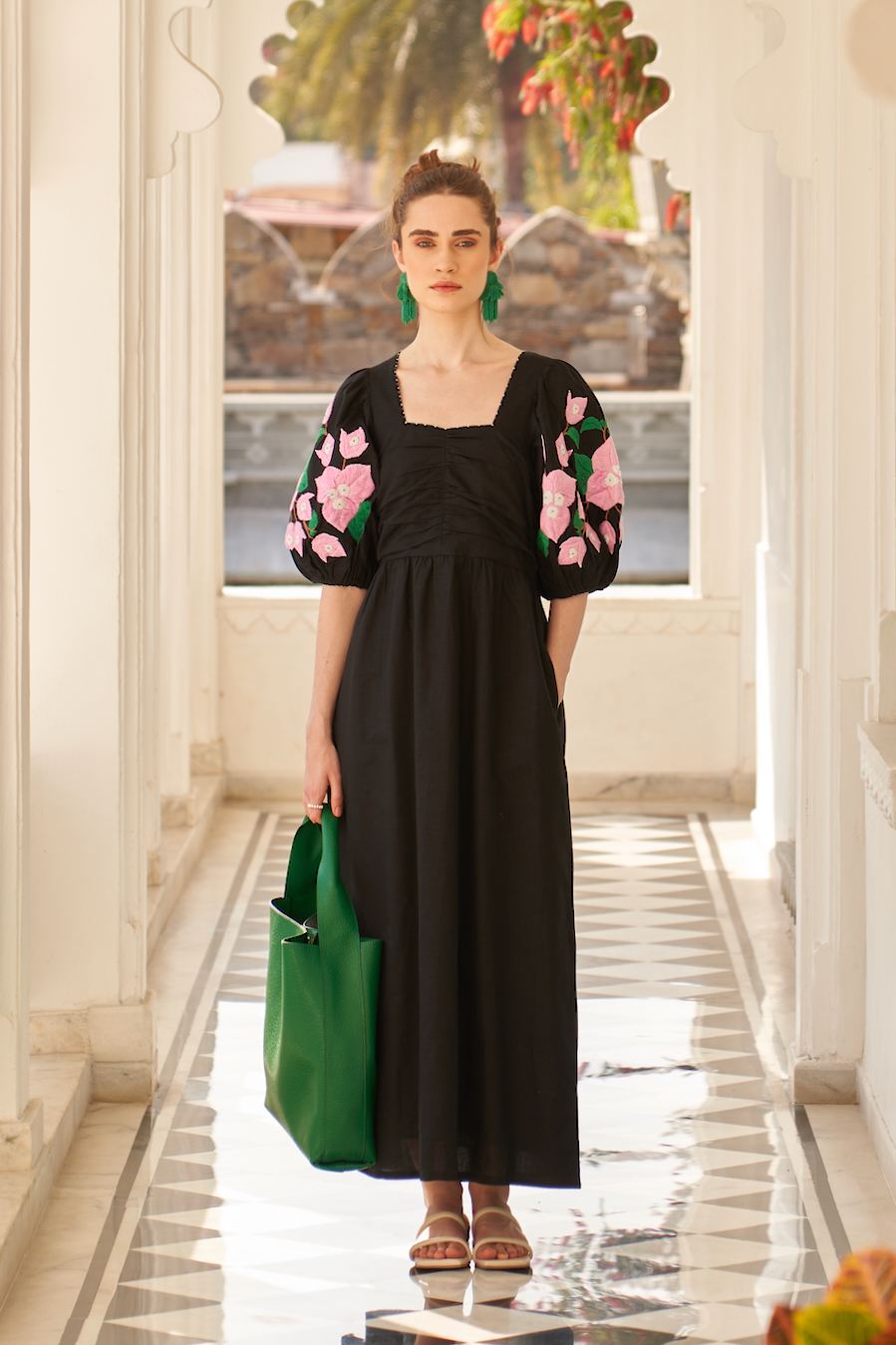 LA FLOR BLACK COLOR BOUGAINVILLEA CHUNKY HAND EMBROIDERED LINEN FABRIC MIDI LENGTH DRESS