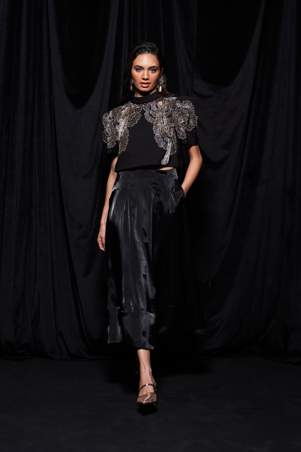 LEILA BLACK COLOR CO-ORDINATE WITH CROP LENGTH BOX SLEEVES GOLD SILVER BEADS EMBROIDERY TOP AND FLUID ORGANZA MIDI SKIRT
