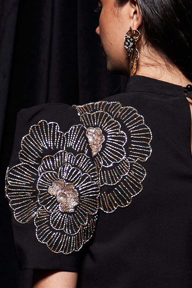 LEILA BLACK COLOR CO-ORDINATE WITH CROP LENGTH BOX SLEEVES GOLD SILVER BEADS EMBROIDERY TOP AND FLUID ORGANZA MIDI SKIRT