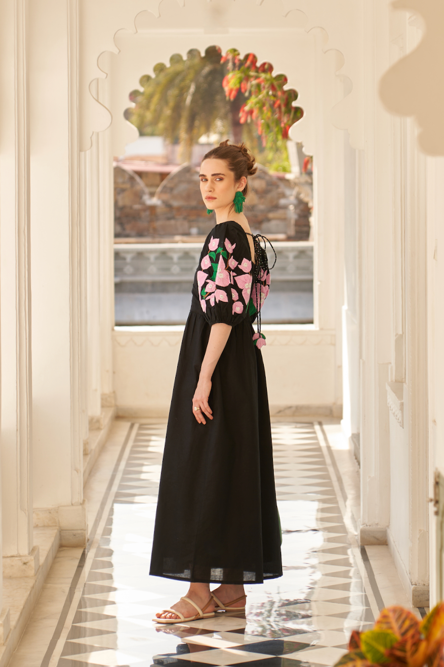 LA FLOR BLACK COLOR BOUGAINVILLEA CHUNKY HAND EMBROIDERED LINEN FABRIC MIDI LENGTH DRESS