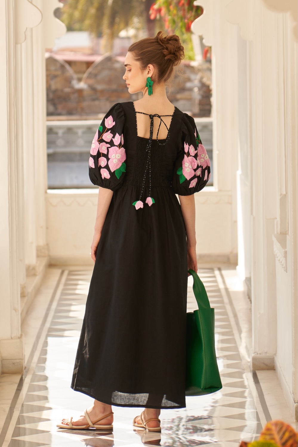 LA FLOR BLACK COLOR BOUGAINVILLEA CHUNKY HAND EMBROIDERED LINEN FABRIC MIDI LENGTH DRESS