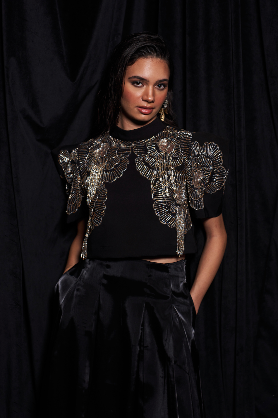 LEILA BLACK COLOR CO-ORDINATE WITH CROP LENGTH BOX SLEEVES GOLD SILVER BEADS EMBROIDERY TOP AND FLUID ORGANZA MIDI SKIRT