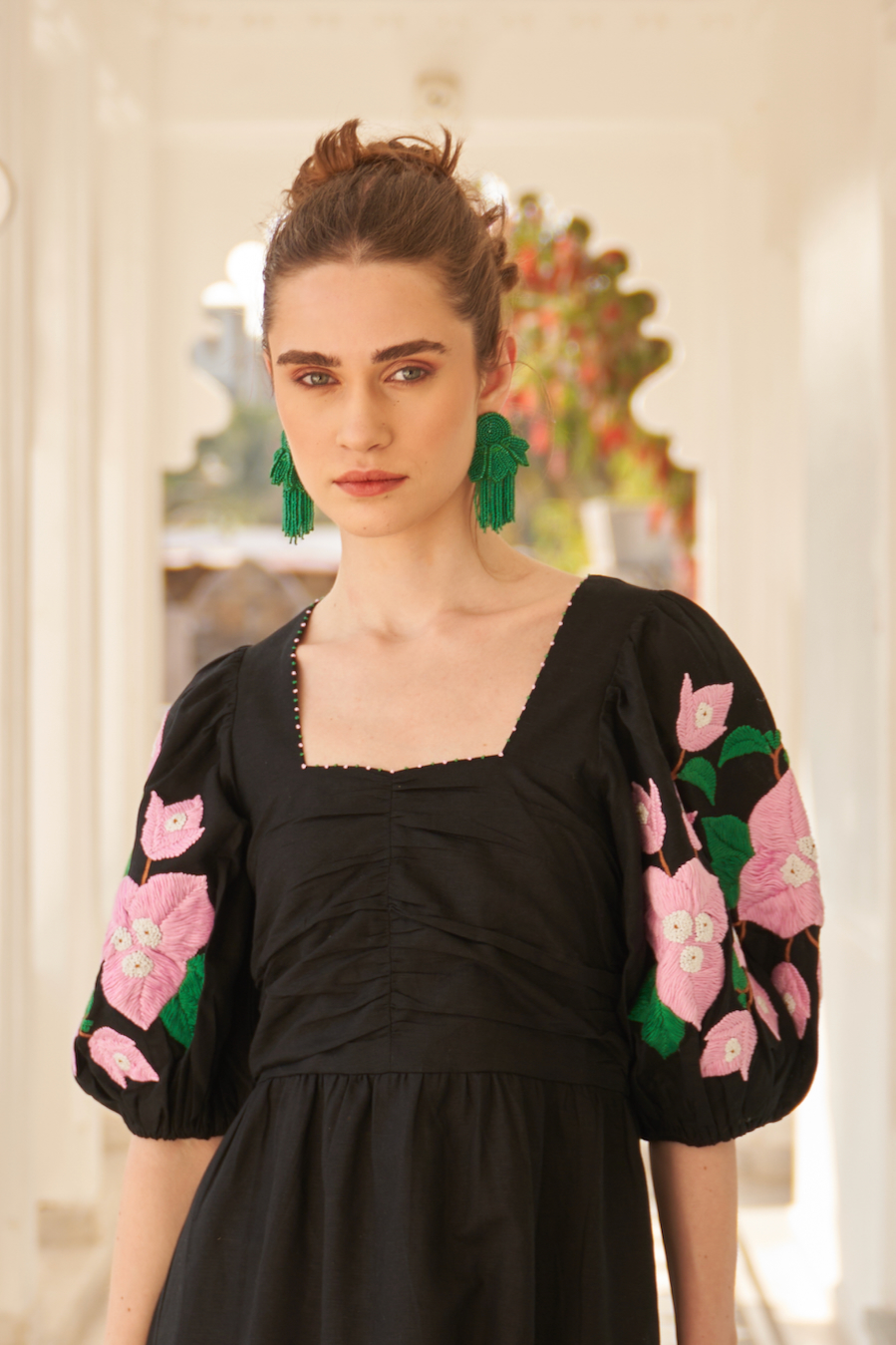 LA FLOR BLACK COLOR BOUGAINVILLEA CHUNKY HAND EMBROIDERED LINEN FABRIC MIDI LENGTH DRESS