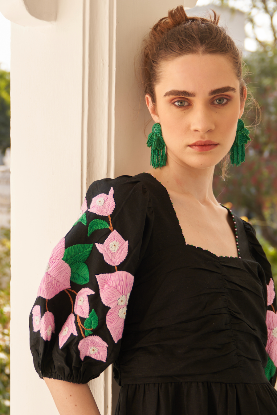 LA FLOR BLACK COLOR BOUGAINVILLEA CHUNKY HAND EMBROIDERED LINEN FABRIC MIDI LENGTH DRESS