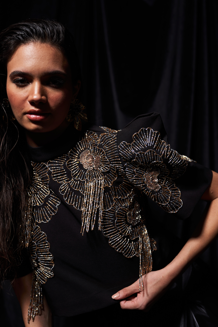 LEILA BLACK COLOR CO-ORDINATE WITH CROP LENGTH BOX SLEEVES GOLD SILVER BEADS EMBROIDERY TOP AND FLUID ORGANZA MIDI SKIRT