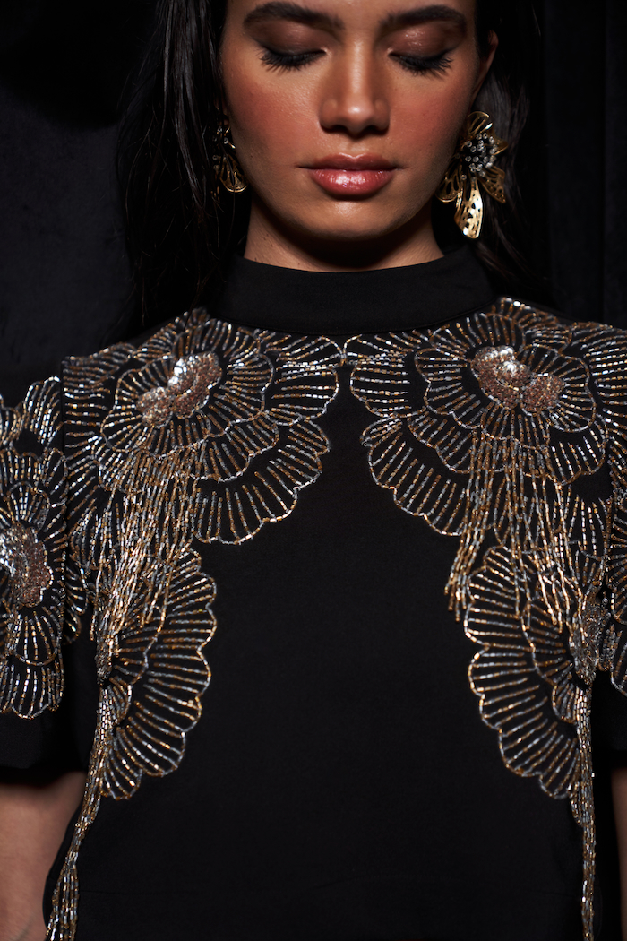 LEILA BLACK COLOR CO-ORDINATE WITH CROP LENGTH BOX SLEEVES GOLD SILVER BEADS EMBROIDERY TOP AND FLUID ORGANZA MIDI SKIRT