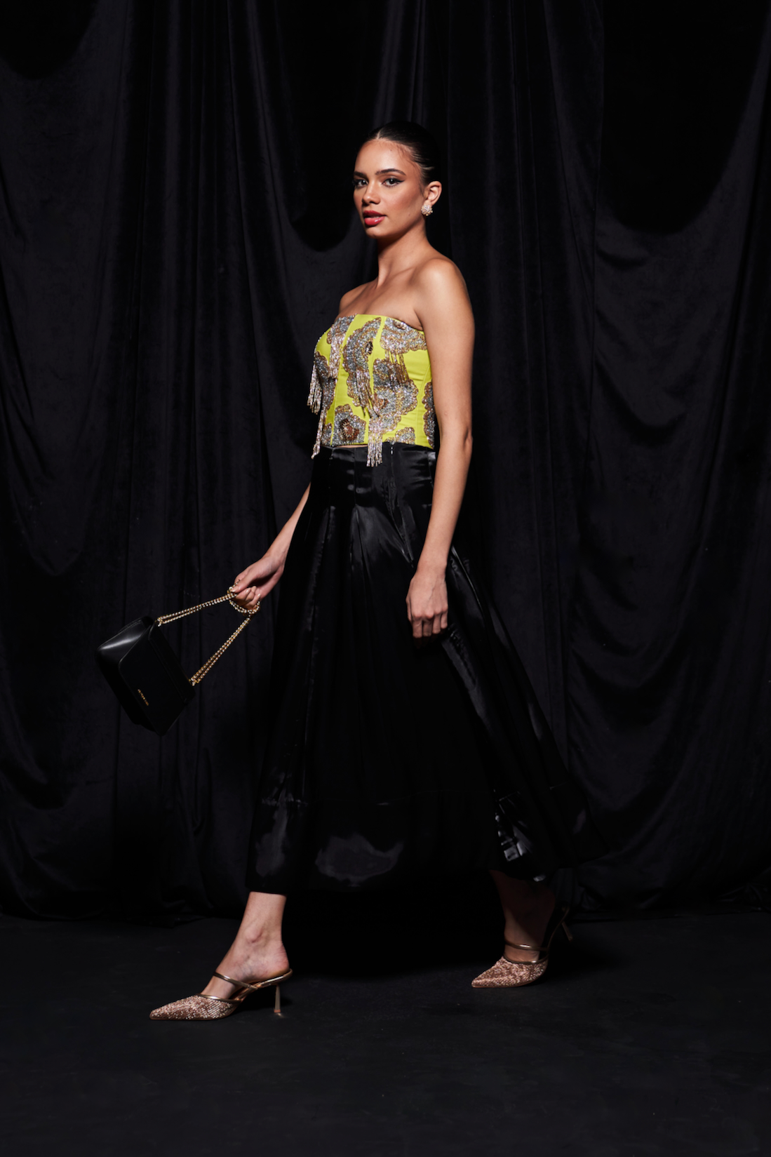 LEILA LIME GREEN COLOR GLASS BEADS EMBROIDERED CUPS BUSTIER AND FLUID ORGANZA MIDI LENGTH SKIRT CO-ORDINATE