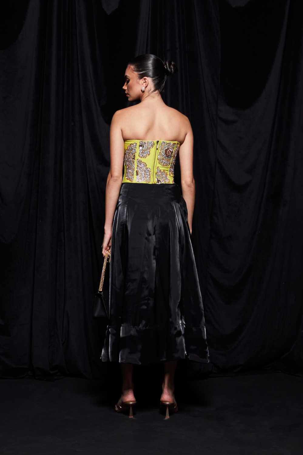 LEILA LIME GREEN COLOR GLASS BEADS EMBROIDERED CUPS BUSTIER AND FLUID ORGANZA MIDI LENGTH SKIRT CO-ORDINATE