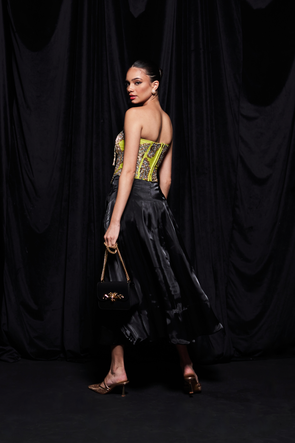 LEILA LIME GREEN COLOR GLASS BEADS EMBROIDERED CUPS BUSTIER AND FLUID ORGANZA MIDI LENGTH SKIRT CO-ORDINATE