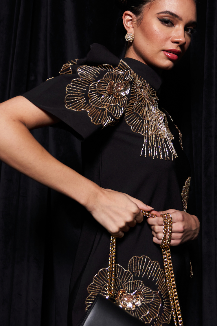 LEILA BLACK COLOR KNEE LENGTH BOX SLEEVES PARTY DRESS WITH GLISTENING GOLD GLASS BEADS HAND EMBROIDERY ALL OVER