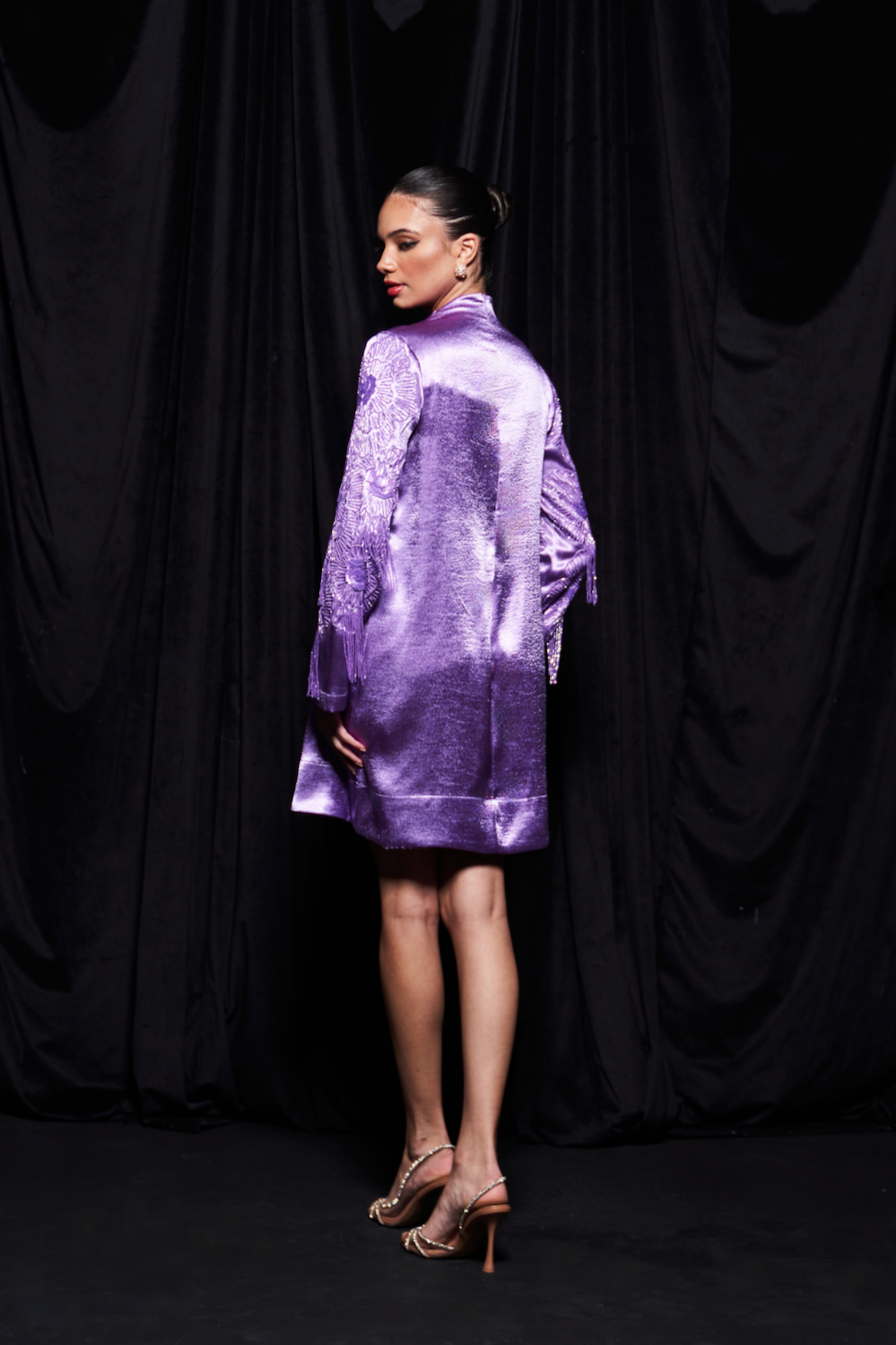 LEILA MAUVE COLOR GLOSSY SATIN FABRIC KNEE LENGTH PLEAT DETAILING GLISTENING GLASS BEADS EMBROIDERED SLEEVES PARTY DRESS