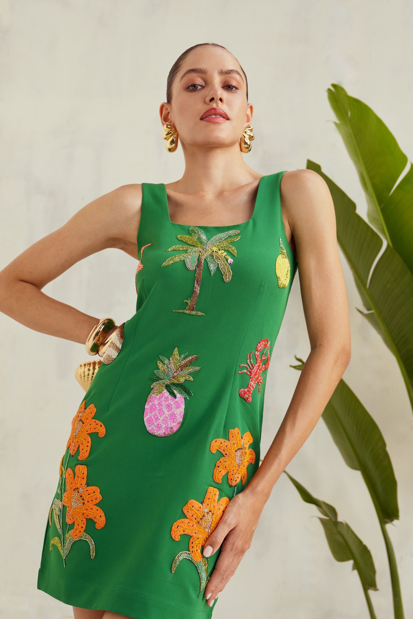 MALIBU-02 GREEN COLOR COCKTAIL DRESS WITH TROPICAL MOTIFS HAND EMBROIDERY