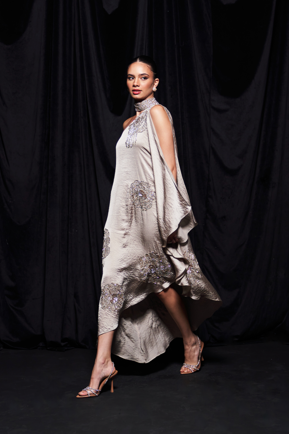 LEILA SILVER SAND COLOR TEXTURED SATIN FABRIC ASYMMETRIC HEM DRESS WITH GOLD AND SILVER BEADS HAND EMBROIDERY