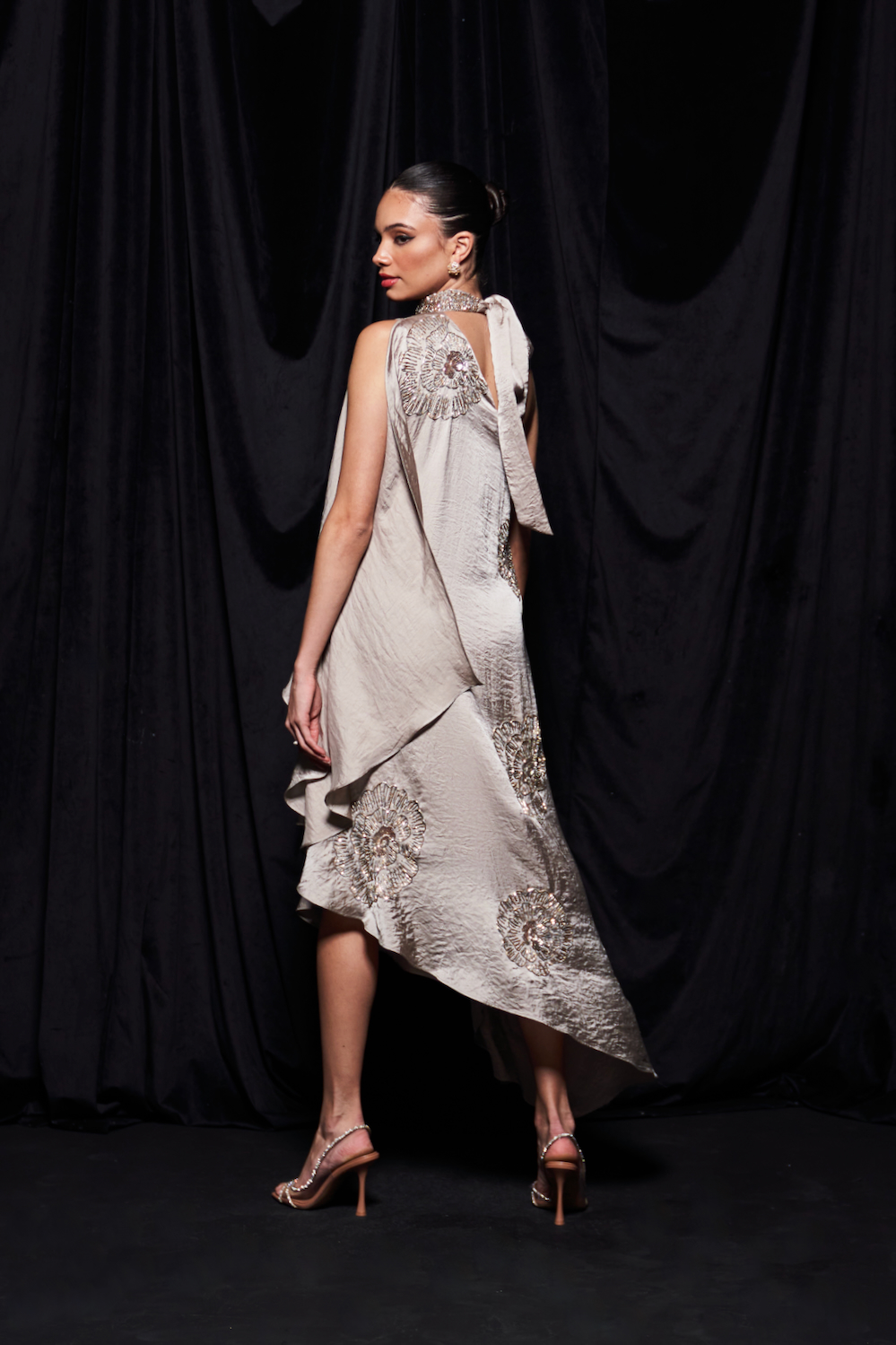 LEILA SILVER SAND COLOR TEXTURED SATIN FABRIC ASYMMETRIC HEM DRESS WITH GOLD AND SILVER BEADS HAND EMBROIDERY
