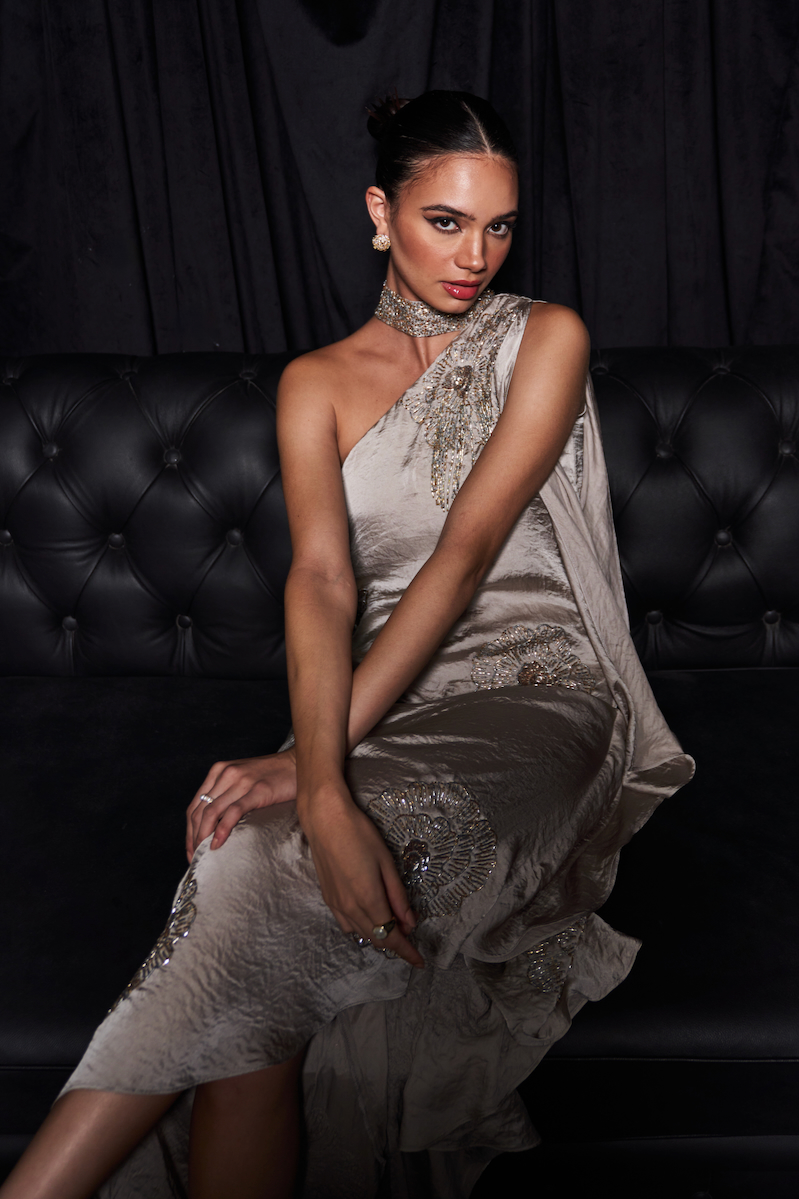 LEILA SILVER SAND COLOR TEXTURED SATIN FABRIC ASYMMETRIC HEM DRESS WITH GOLD AND SILVER BEADS HAND EMBROIDERY