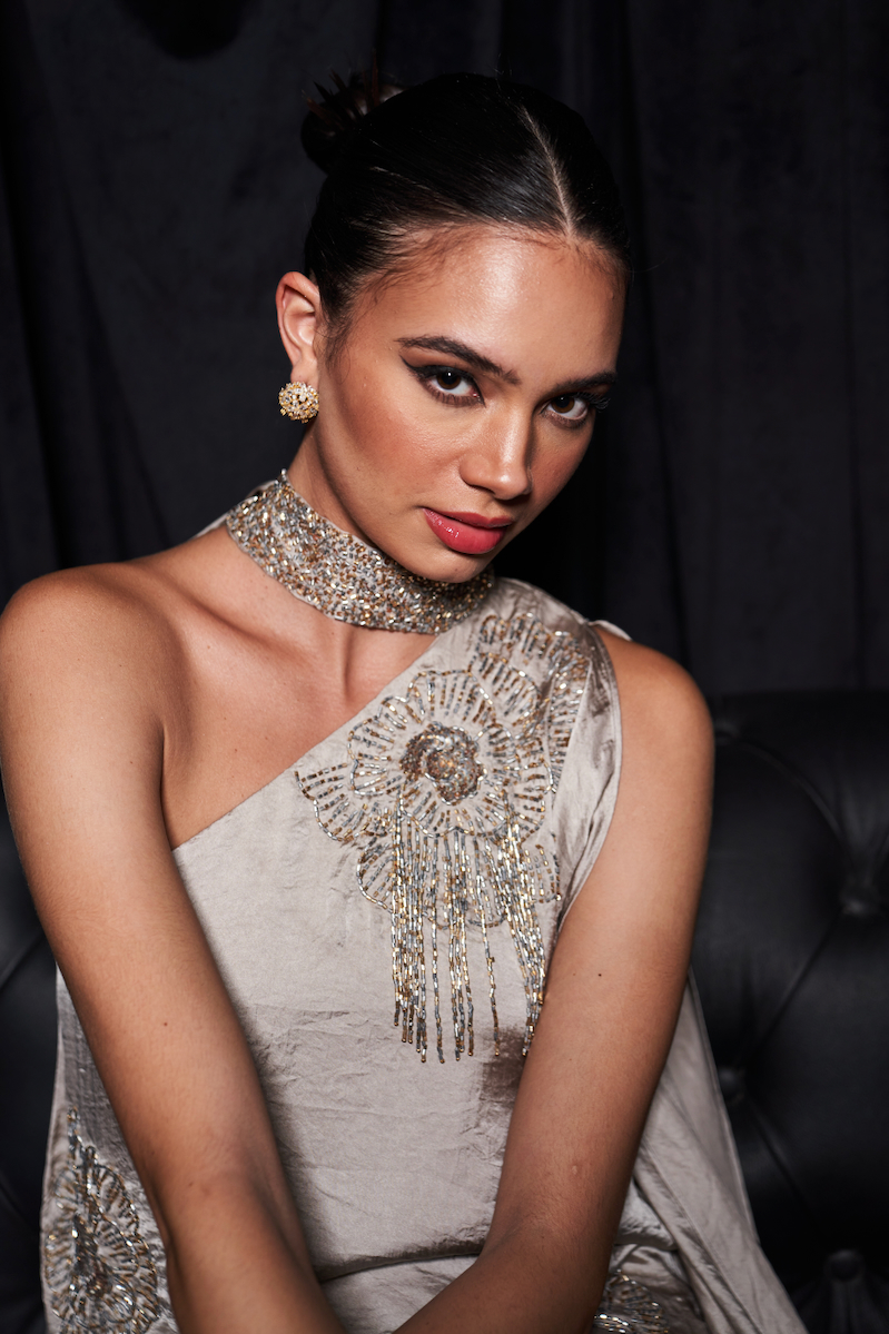 LEILA SILVER SAND COLOR TEXTURED SATIN FABRIC ASYMMETRIC HEM DRESS WITH GOLD AND SILVER BEADS HAND EMBROIDERY