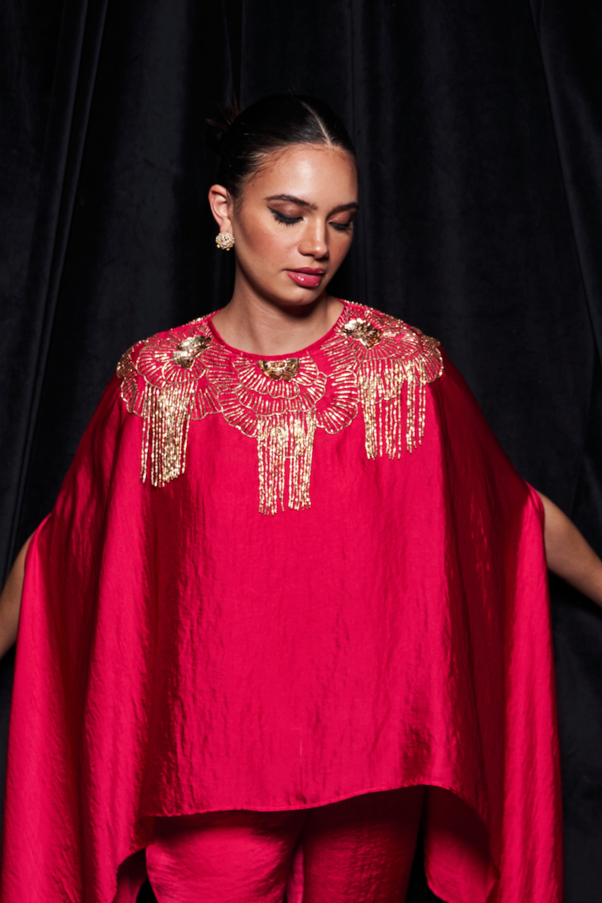 LEILA DIVA PINK CAPE AND STRAIGHT PANTS CO-ORDINATE WITH GLISTENING GOLD GLASS BEADS HAND EMBROIDERY