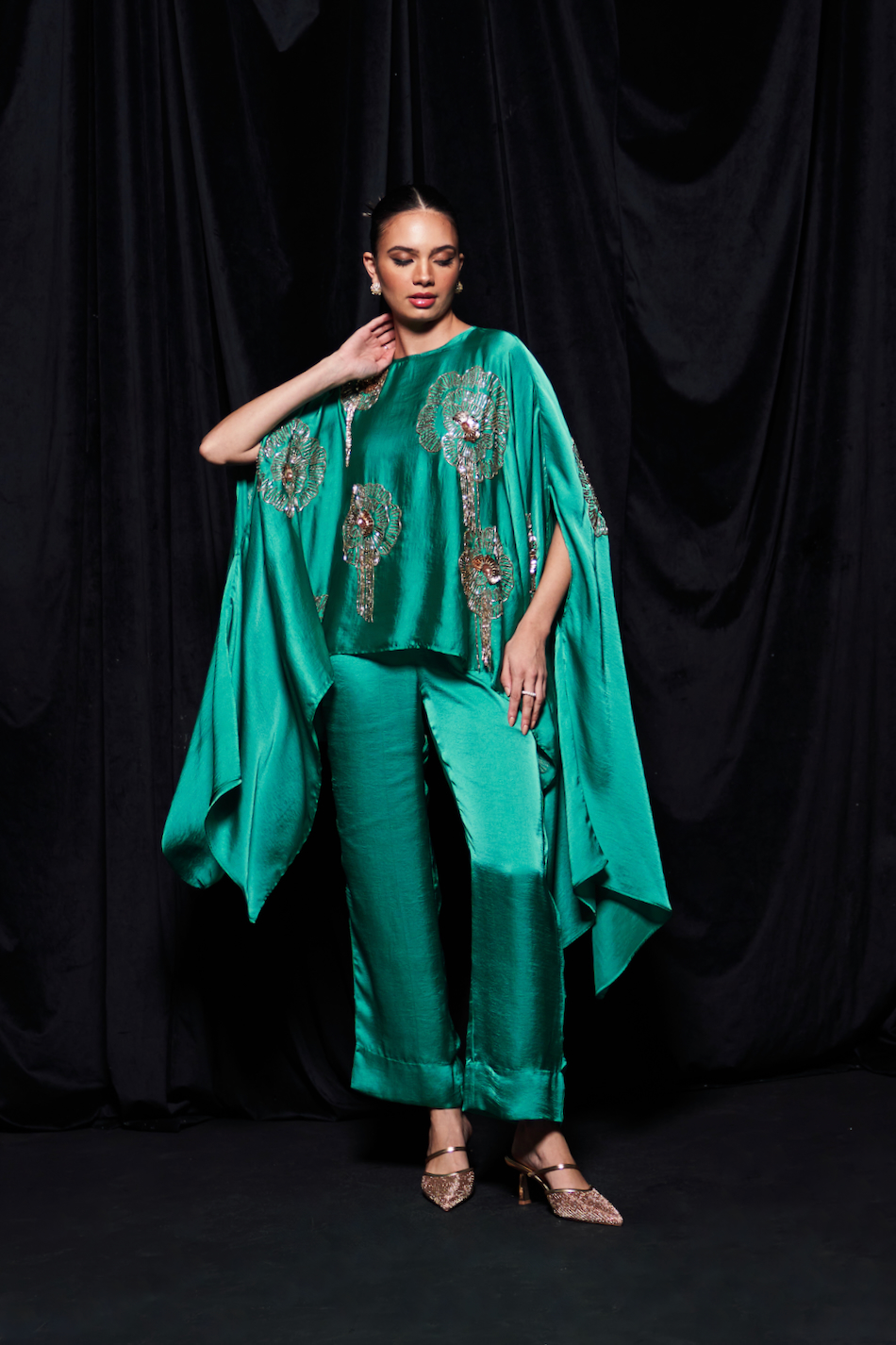 LEILA TURQUOISE BLUE COLOR CAPE AND STRAIGHT PANTS PARTY CO-ORDINATE WITH GOLD GLASS BEADS EMBROIDERY