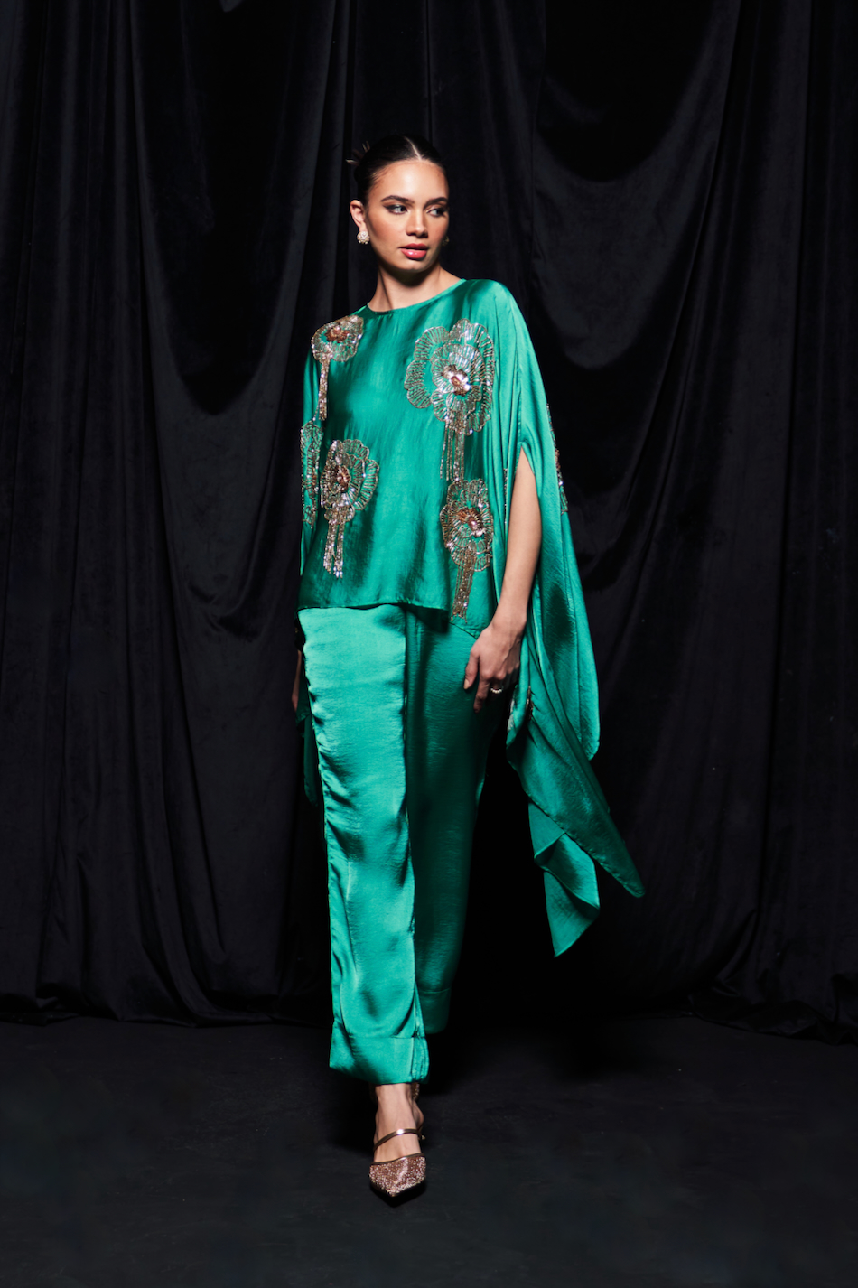 LEILA TURQUOISE BLUE COLOR CAPE AND STRAIGHT PANTS PARTY CO-ORDINATE WITH GOLD GLASS BEADS EMBROIDERY