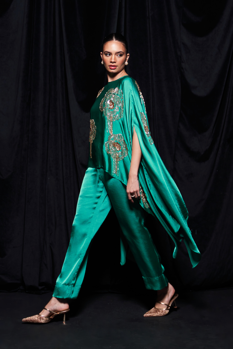 LEILA TURQUOISE BLUE COLOR CAPE AND STRAIGHT PANTS PARTY CO-ORDINATE WITH GOLD GLASS BEADS EMBROIDERY