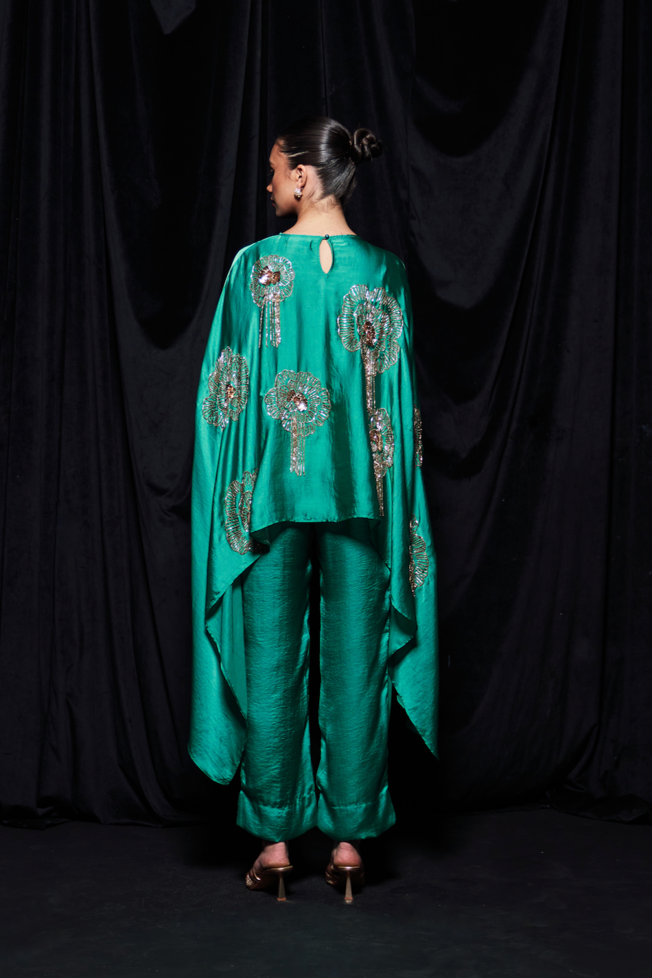 LEILA TURQUOISE BLUE COLOR CAPE AND STRAIGHT PANTS PARTY CO-ORDINATE WITH GOLD GLASS BEADS EMBROIDERY