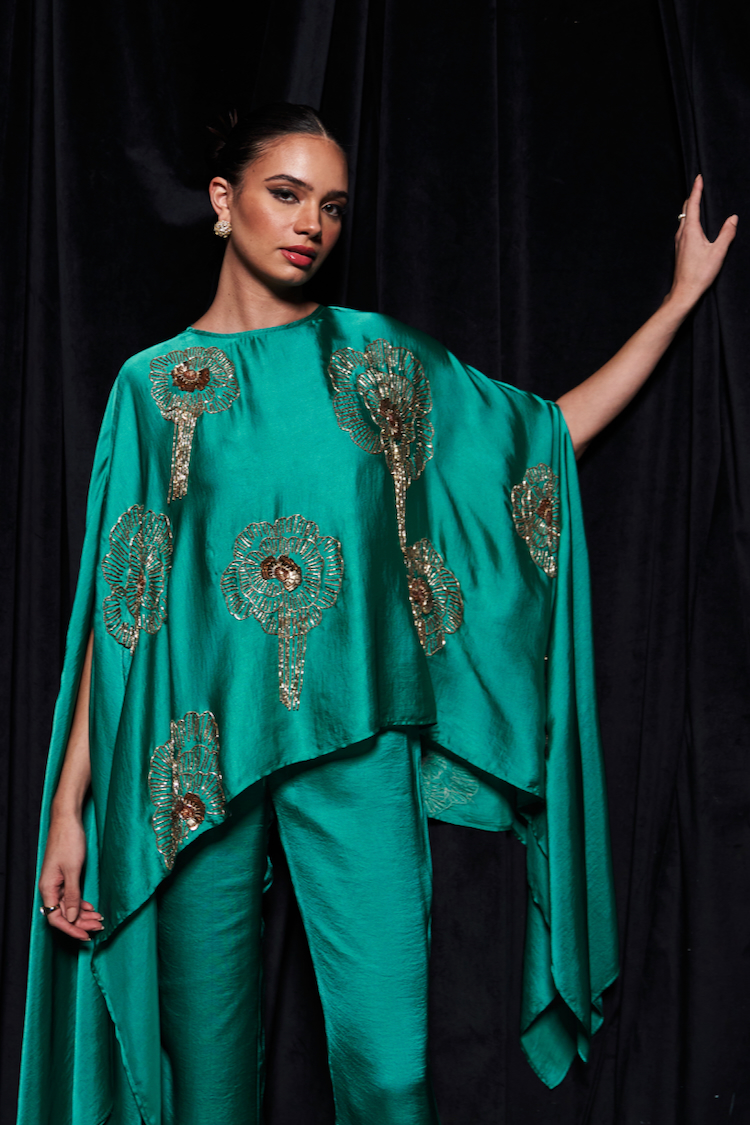 LEILA TURQUOISE BLUE COLOR CAPE AND STRAIGHT PANTS PARTY CO-ORDINATE WITH GOLD GLASS BEADS EMBROIDERY