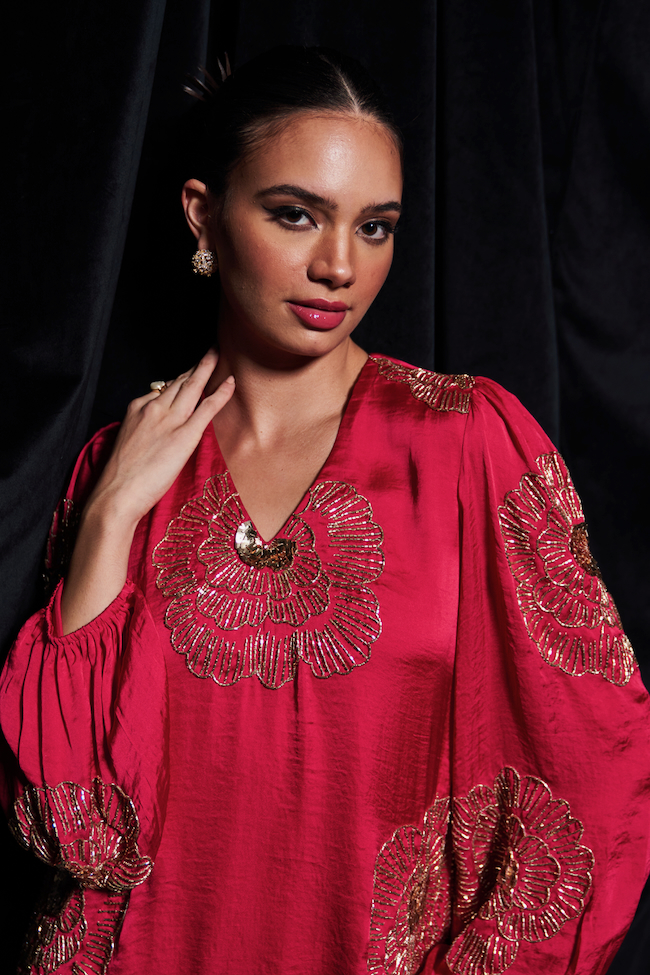 LEILA DIVA PINK COLOR TEXTURED SATIN FULL SLEEVES GOLD GLASS BEADS HAND EMBROIDERED TUNIC AND PLAIN PANTS CO-ORDINATE