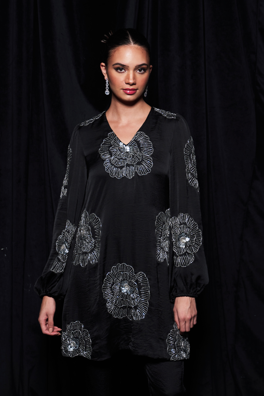 LEILA BLACK COLOR TEXTURED SATIN FULL LENGTH SLEEVES TUNIC WITH SILVER GLASS BEADS HAND EMBROIDERY ALL OVER AND PLAIN PANTS