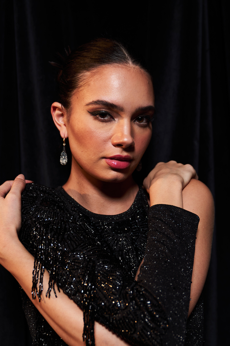 LEILA BLACK GALAXY KNITS FABRIC BODYCON FIT CO-ORDINATE WITH GLASS BEADS HAND EMBROIDERY ONE SIDE SLEEVE TUNIC AND PANTS