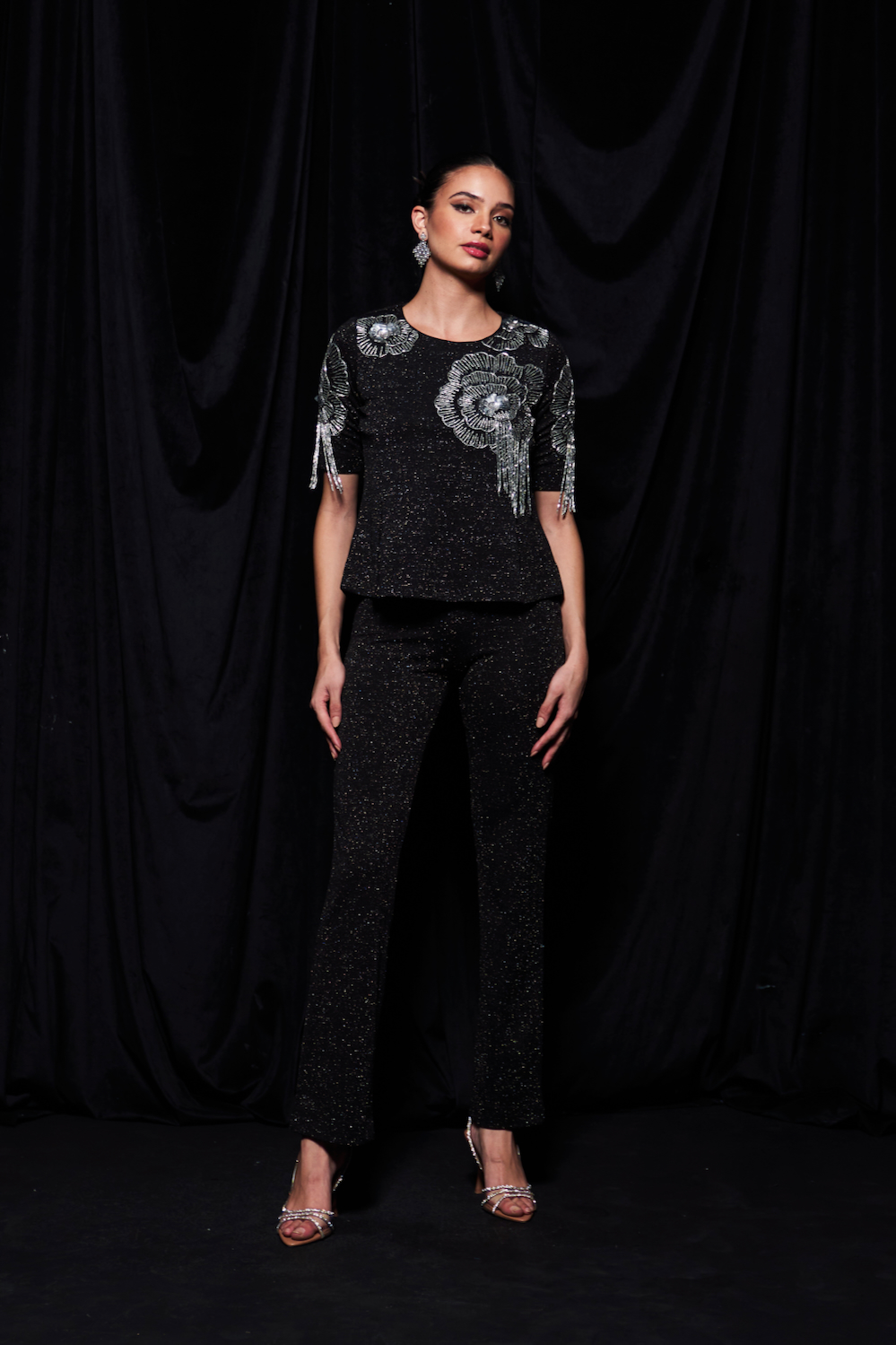 LEILA GALAXY KNITS BLACK COLOR PEPLUM TOP WITH SILVER BEADS HAND EMBROIDERY AND PANTS BODYCON FIT CO-ORDINATE