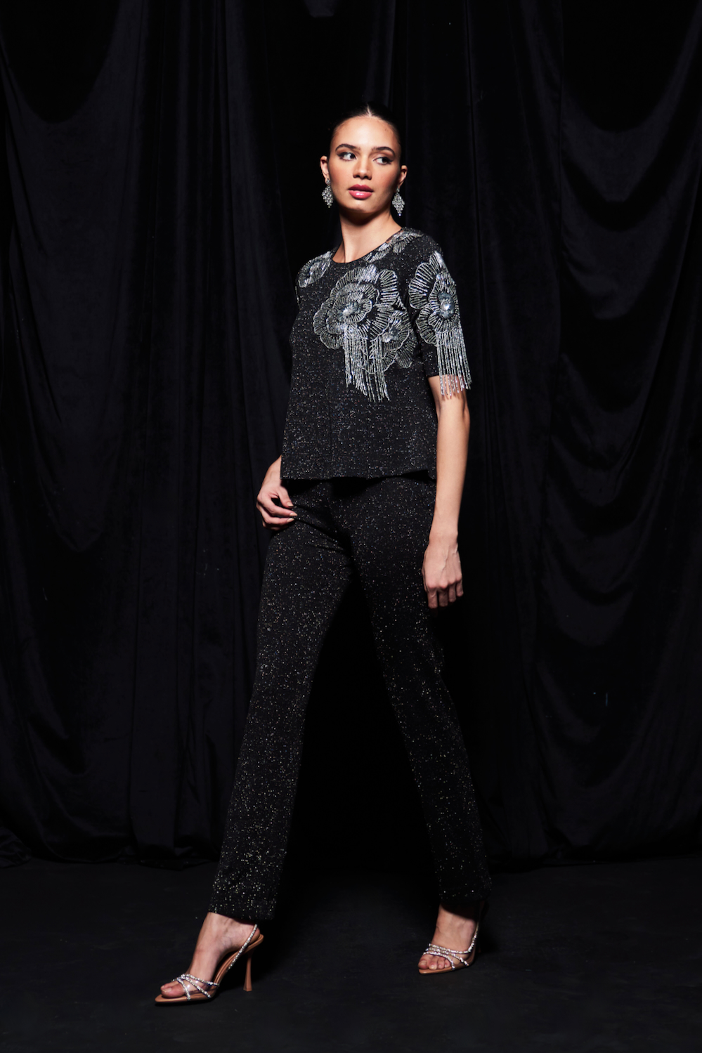 LEILA GALAXY KNITS BLACK COLOR PEPLUM TOP WITH SILVER BEADS HAND EMBROIDERY AND PANTS BODYCON FIT CO-ORDINATE