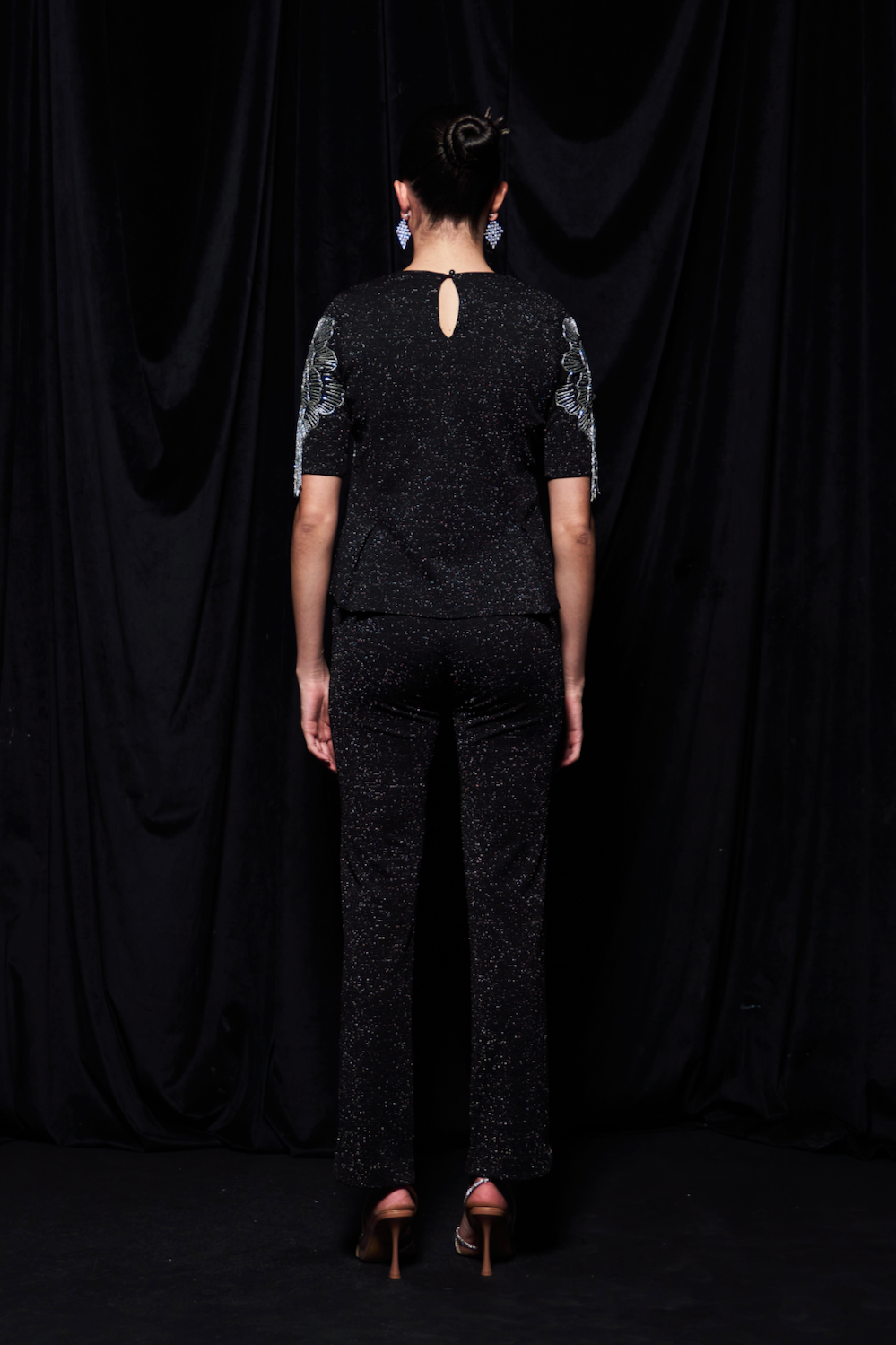 LEILA GALAXY KNITS BLACK COLOR PEPLUM TOP WITH SILVER BEADS HAND EMBROIDERY AND PANTS BODYCON FIT CO-ORDINATE