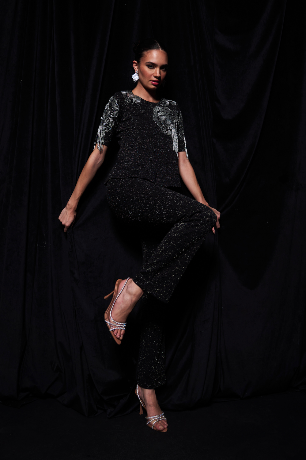 LEILA GALAXY KNITS BLACK COLOR PEPLUM TOP WITH SILVER BEADS HAND EMBROIDERY AND PANTS BODYCON FIT CO-ORDINATE