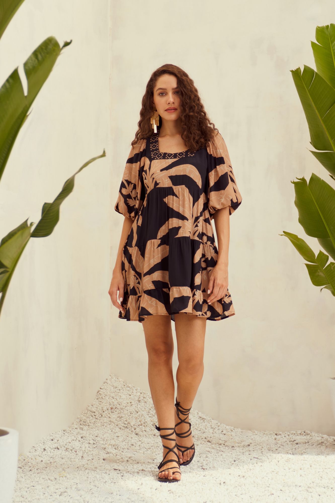 MALIBU-02 BLACK BANANA TREE PRINT VISCOSE CREPE FABRIC KNEE LENGTH TIER DRESS