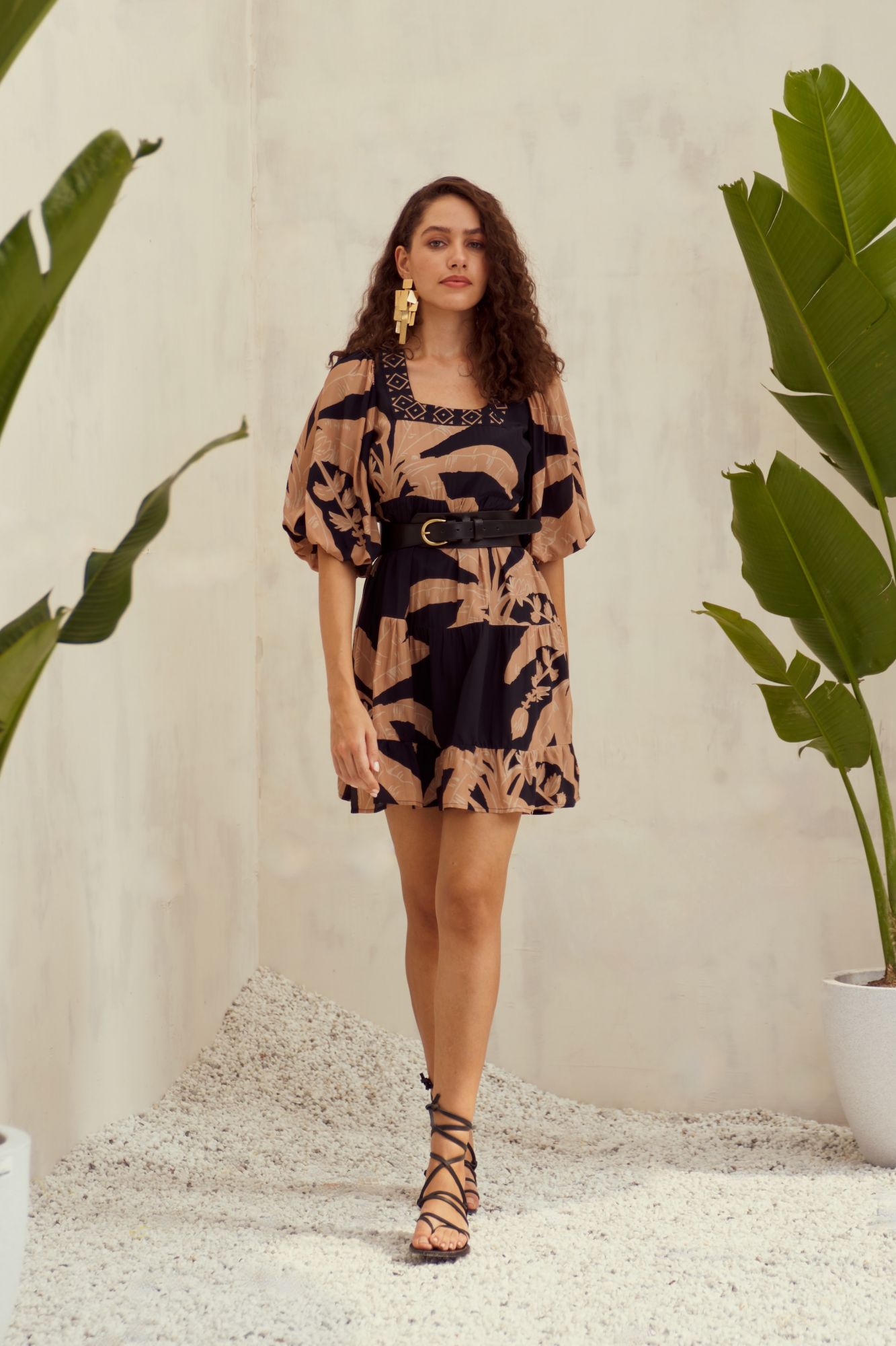 MALIBU-02 BLACK BANANA TREE PRINT VISCOSE CREPE FABRIC KNEE LENGTH TIER DRESS