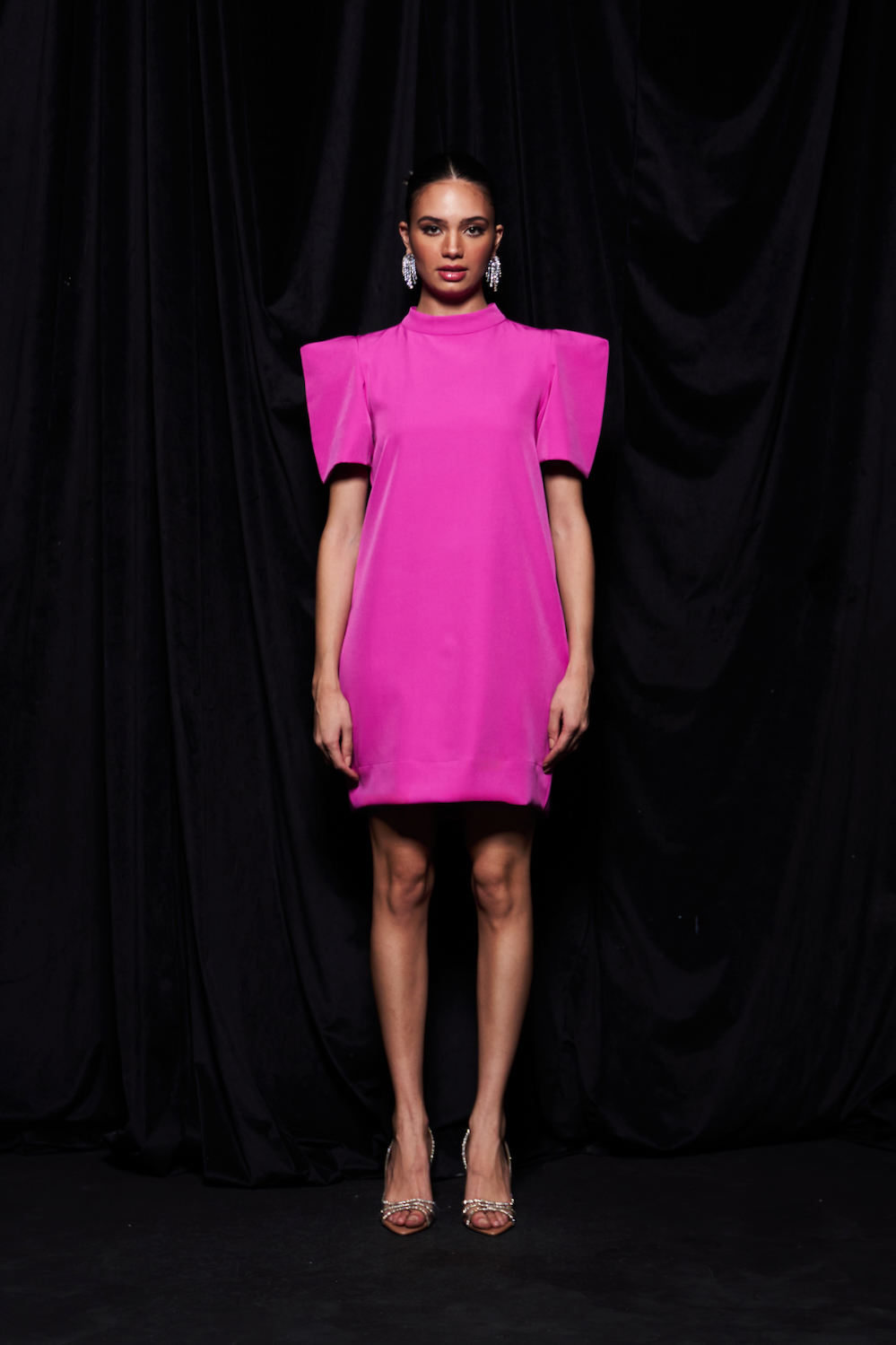 LEILA HOT PINK COLOR KNEE LENGTH STRAIGHT FIT PARTY DRESS WITH BOX SLEEVES