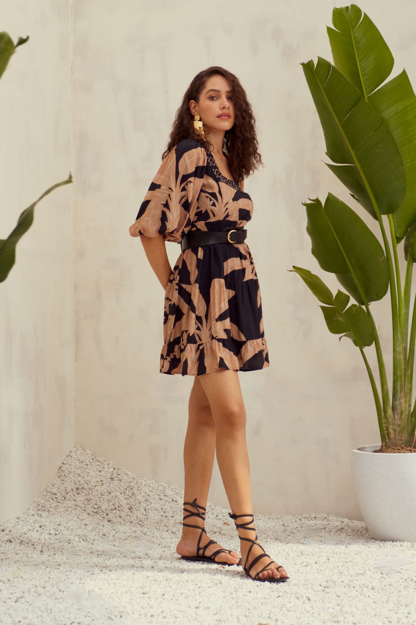 MALIBU-02 BLACK BANANA TREE PRINT VISCOSE CREPE FABRIC KNEE LENGTH TIER DRESS