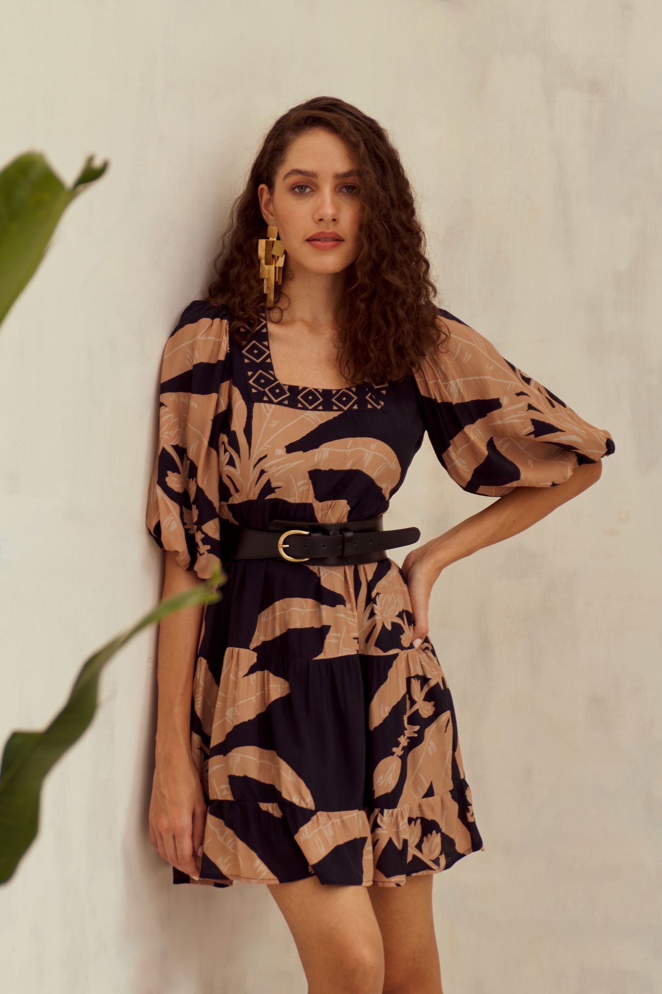 MALIBU-02 BLACK BANANA TREE PRINT VISCOSE CREPE FABRIC KNEE LENGTH TIER DRESS