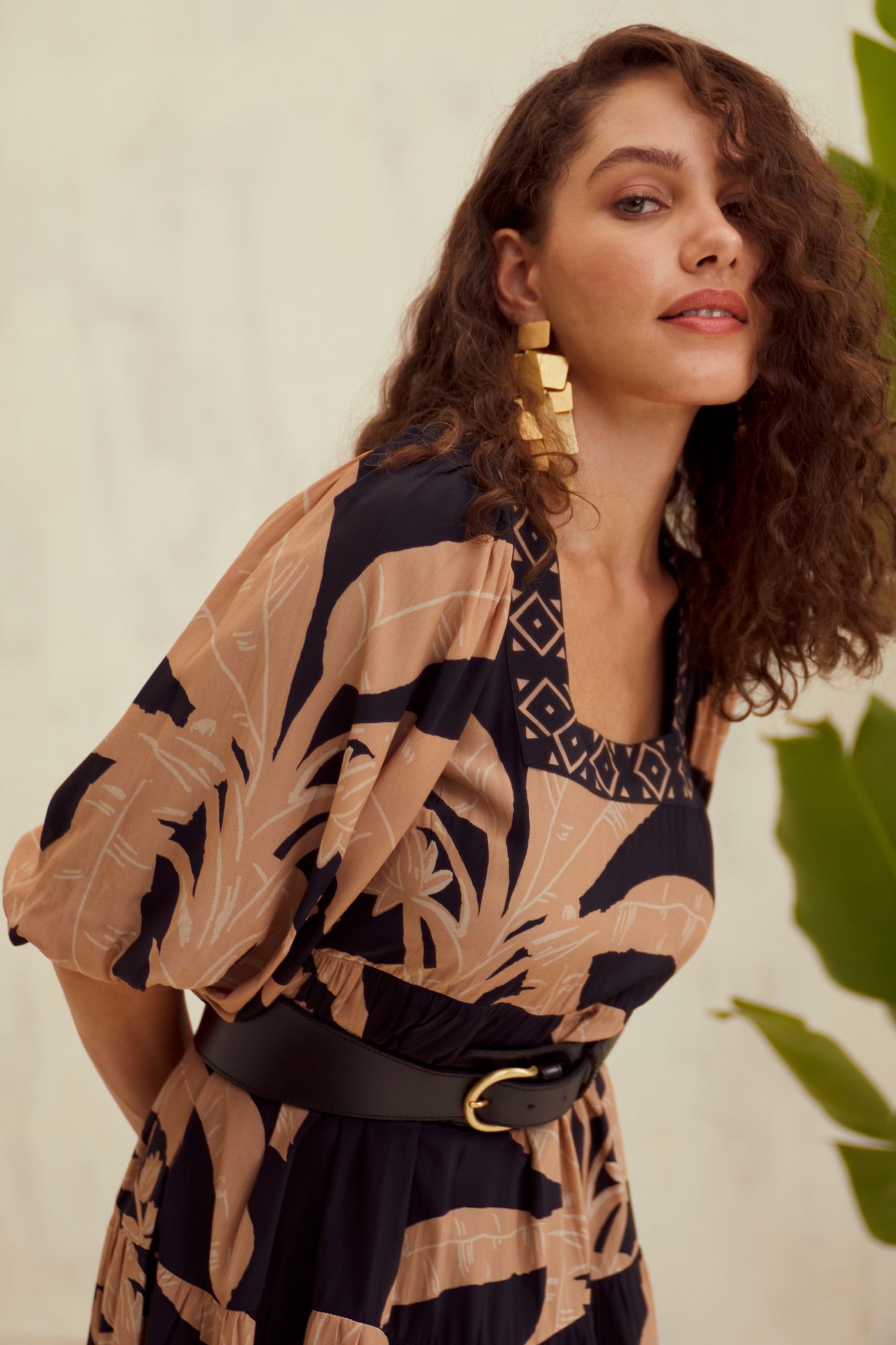 MALIBU-02 BLACK BANANA TREE PRINT VISCOSE CREPE FABRIC KNEE LENGTH TIER DRESS