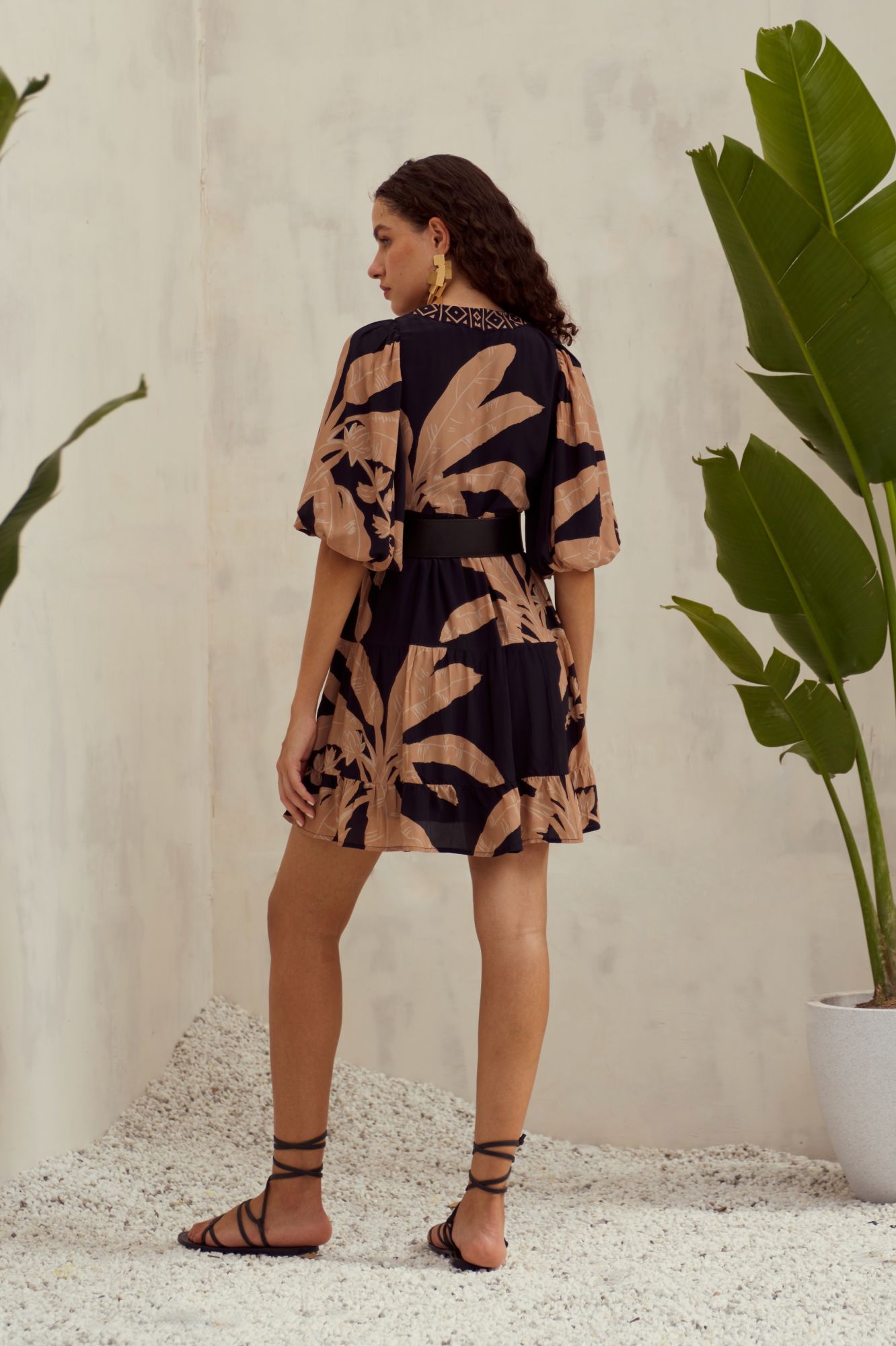 MALIBU-02 BLACK BANANA TREE PRINT VISCOSE CREPE FABRIC KNEE LENGTH TIER DRESS