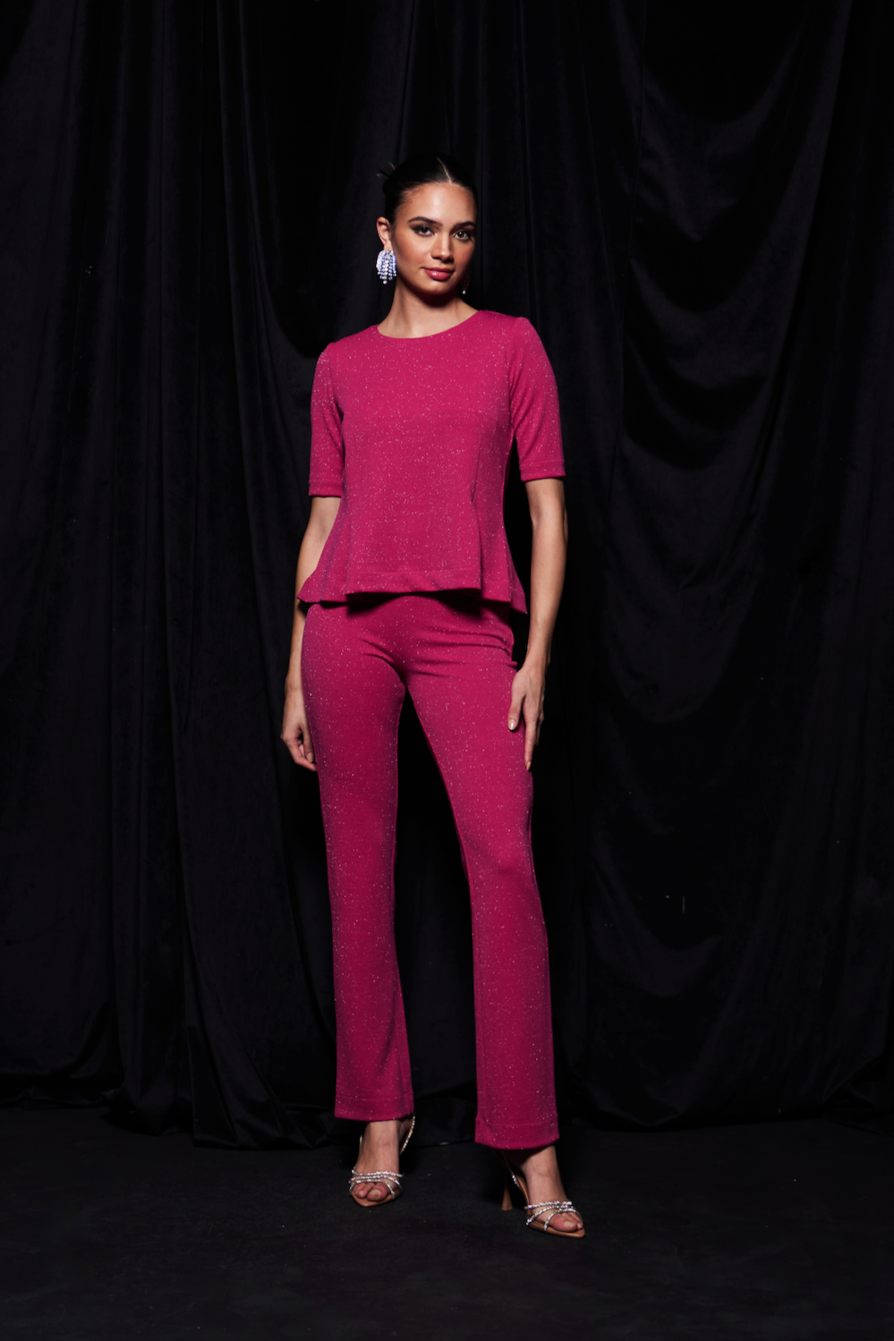 LEILA GALAXY KNITS FUCHSIA COLOR ELBOW LENGTH SOLID PEPLUM TOP WITH PANTS BODYCON FIT CO-ORDINATE