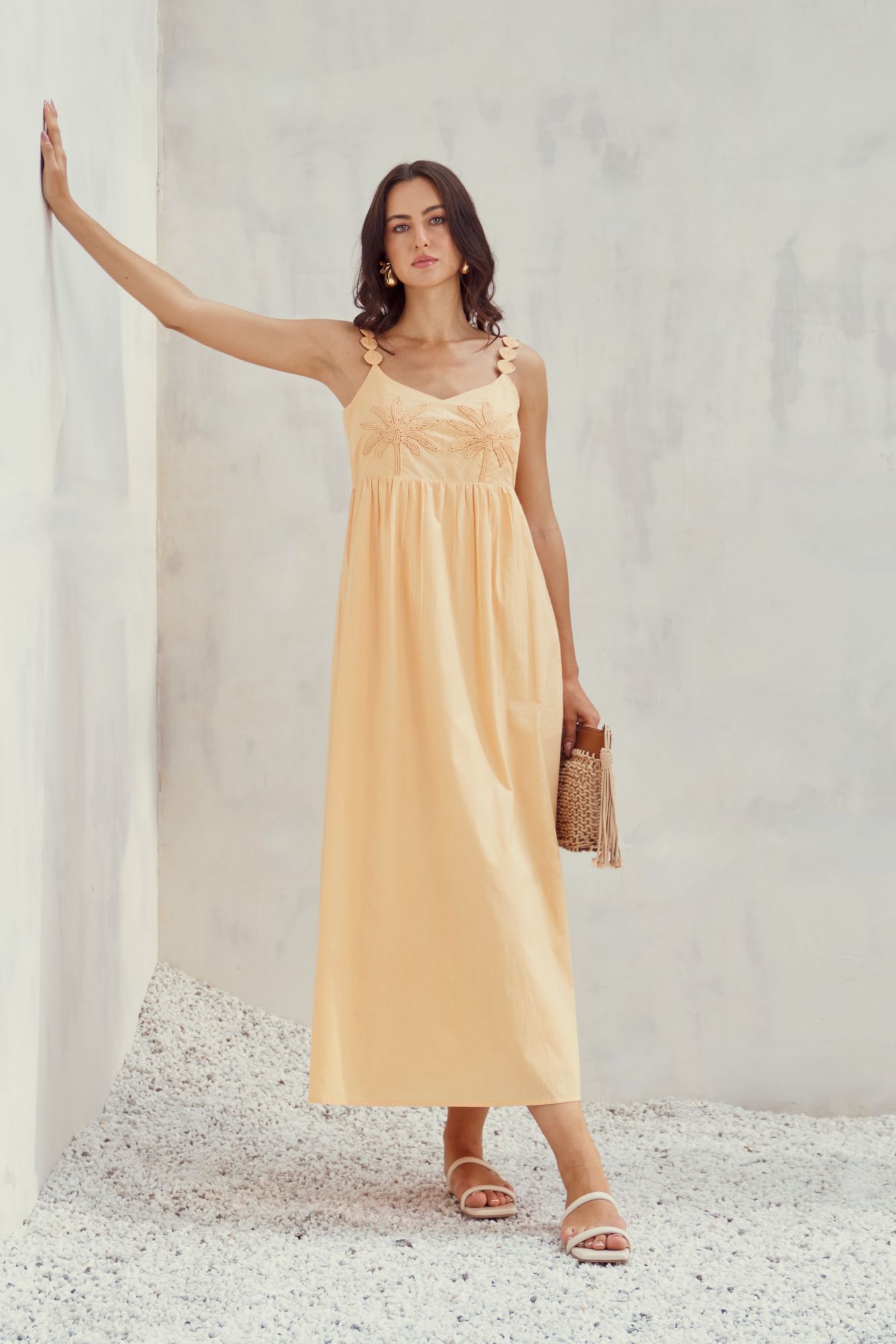 MALIBU-02 APRICOT PEACH COLOR COTTON POPLIN MIDI DRESS WITH DORI EMBROIDERY