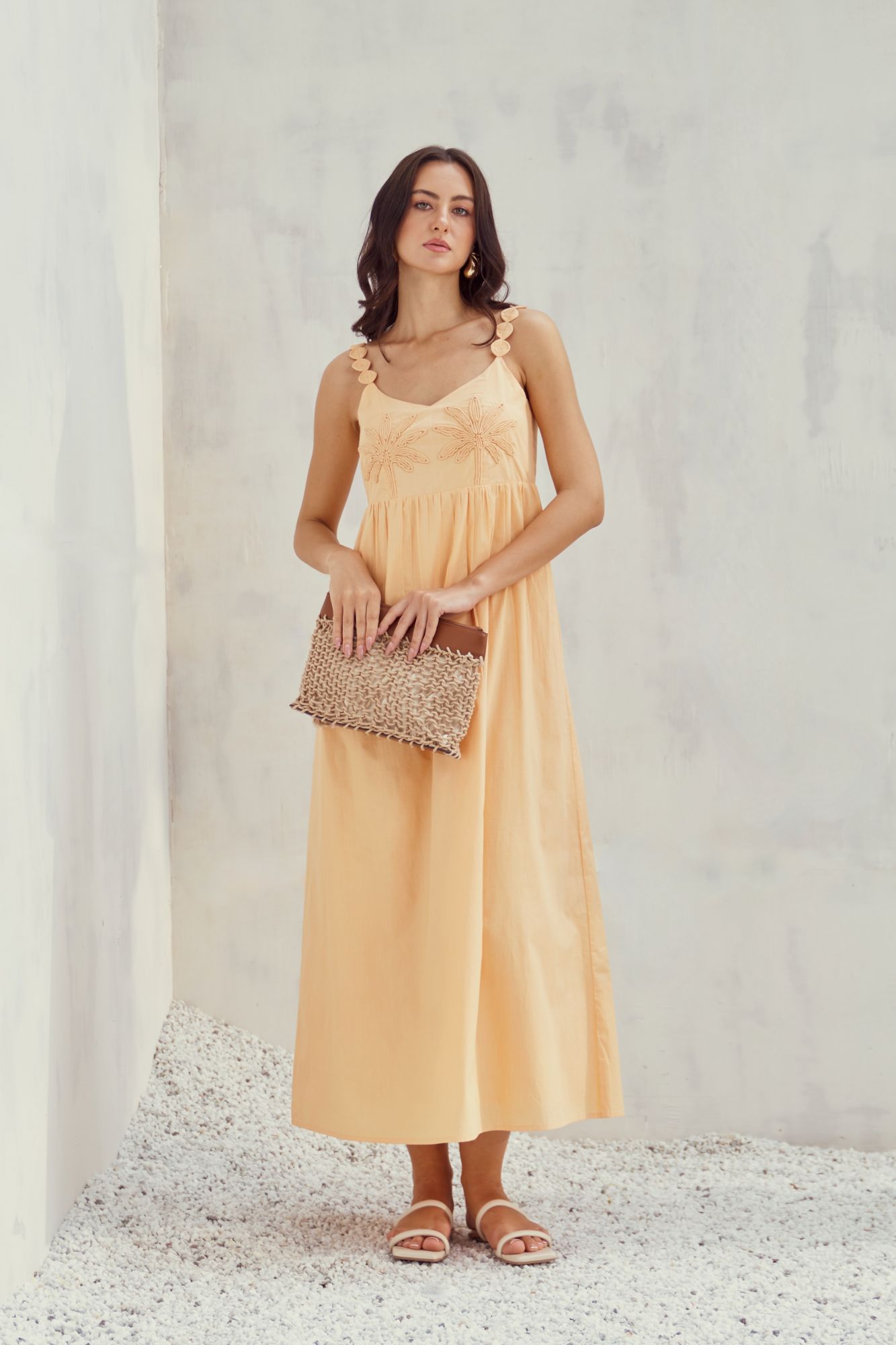 MALIBU-02 APRICOT PEACH COLOR COTTON POPLIN MIDI DRESS WITH DORI EMBROIDERY