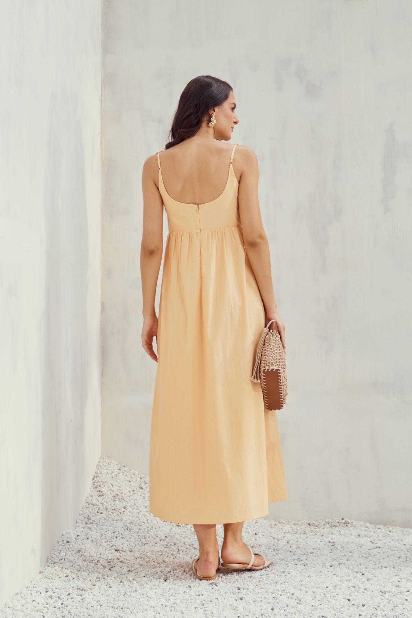 MALIBU-02 APRICOT PEACH COLOR COTTON POPLIN MIDI DRESS WITH DORI EMBROIDERY