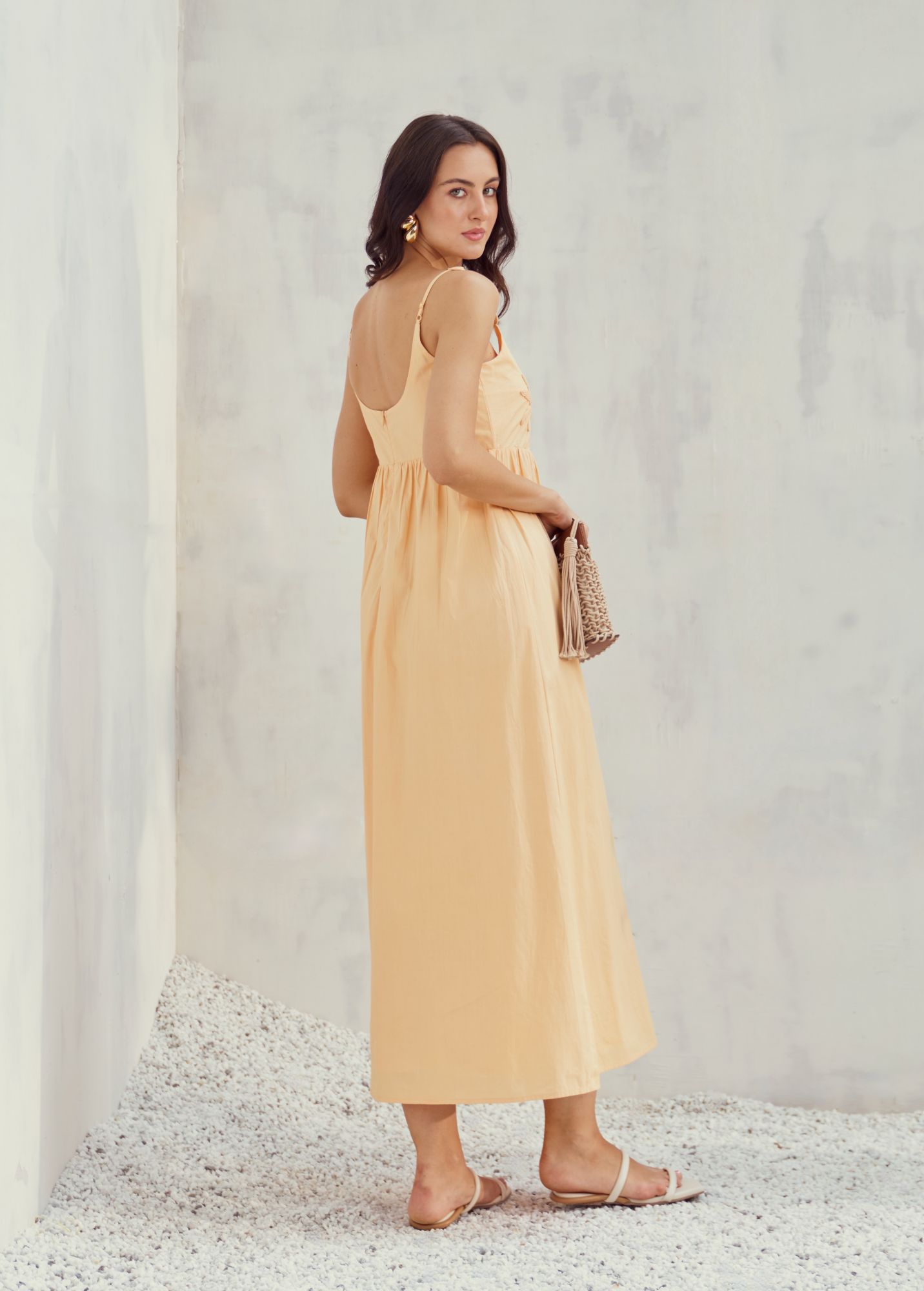 MALIBU-02 APRICOT PEACH COLOR COTTON POPLIN MIDI DRESS WITH DORI EMBROIDERY