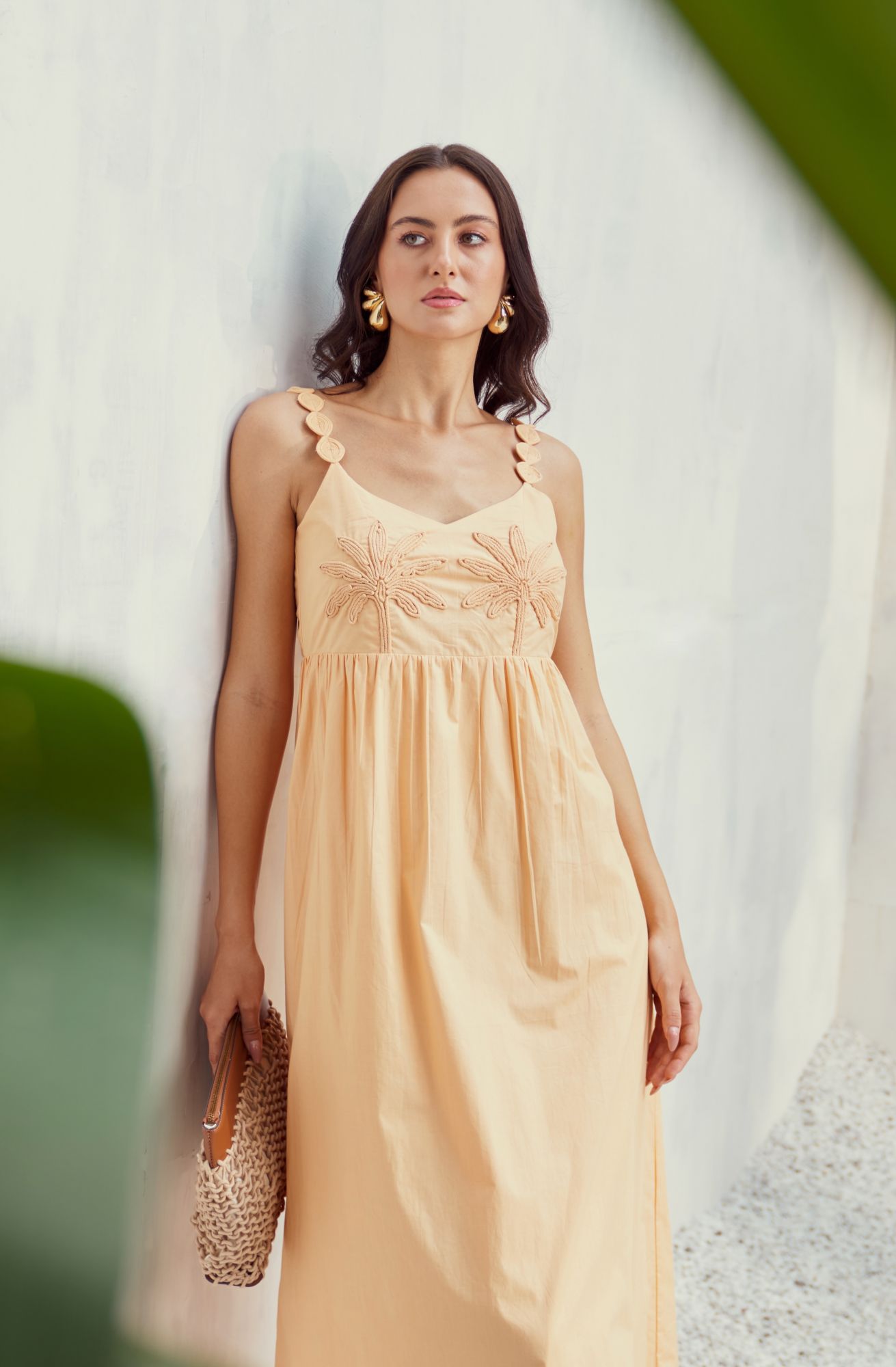 MALIBU-02 APRICOT PEACH COLOR COTTON POPLIN MIDI DRESS WITH DORI EMBROIDERY