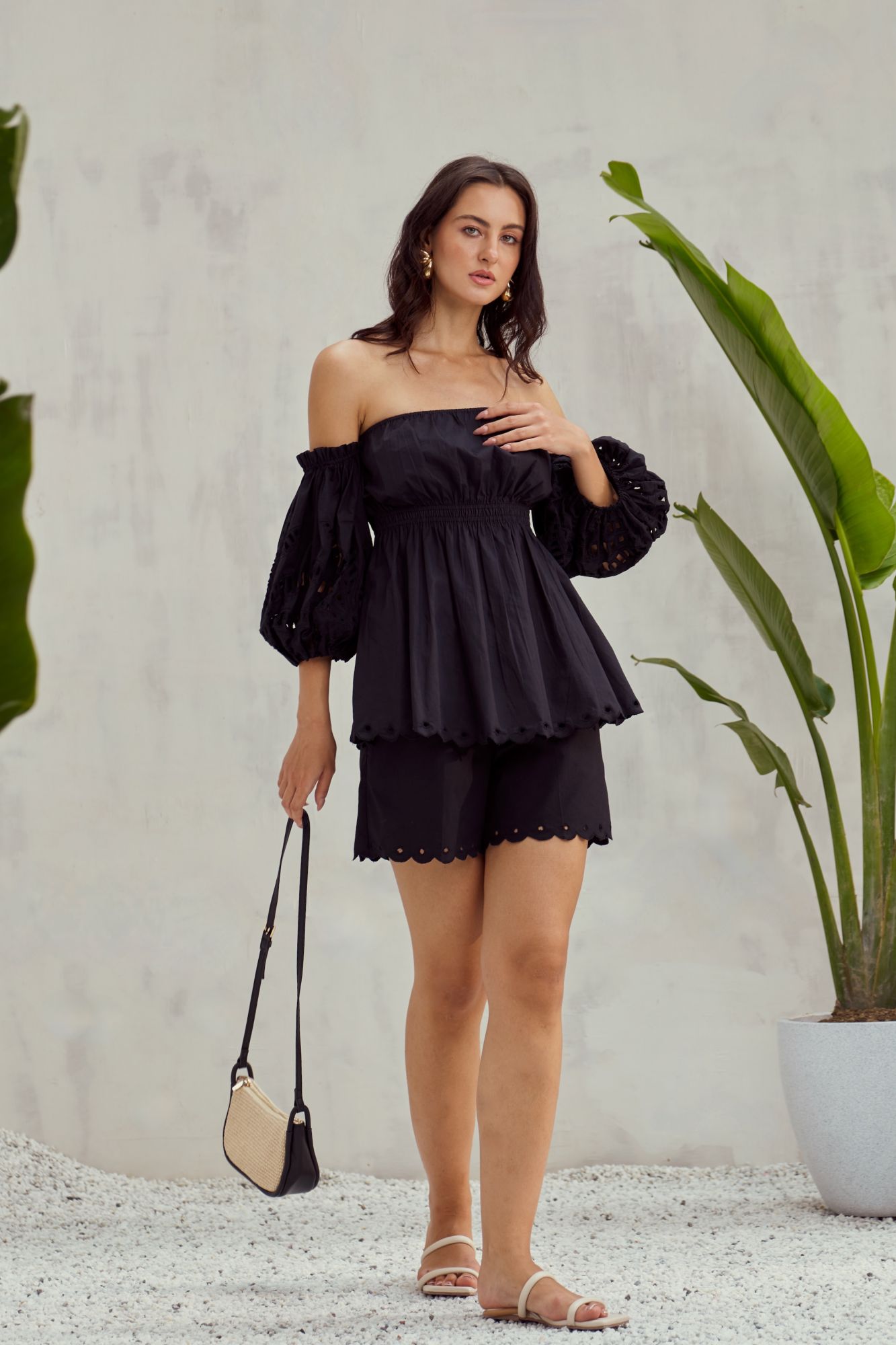 MALIBU-02 BLACK COTTON OFF SHOULDER TOP AND SHORTS CO-ORDINATE WITH CUTWORK EMBROIDERY