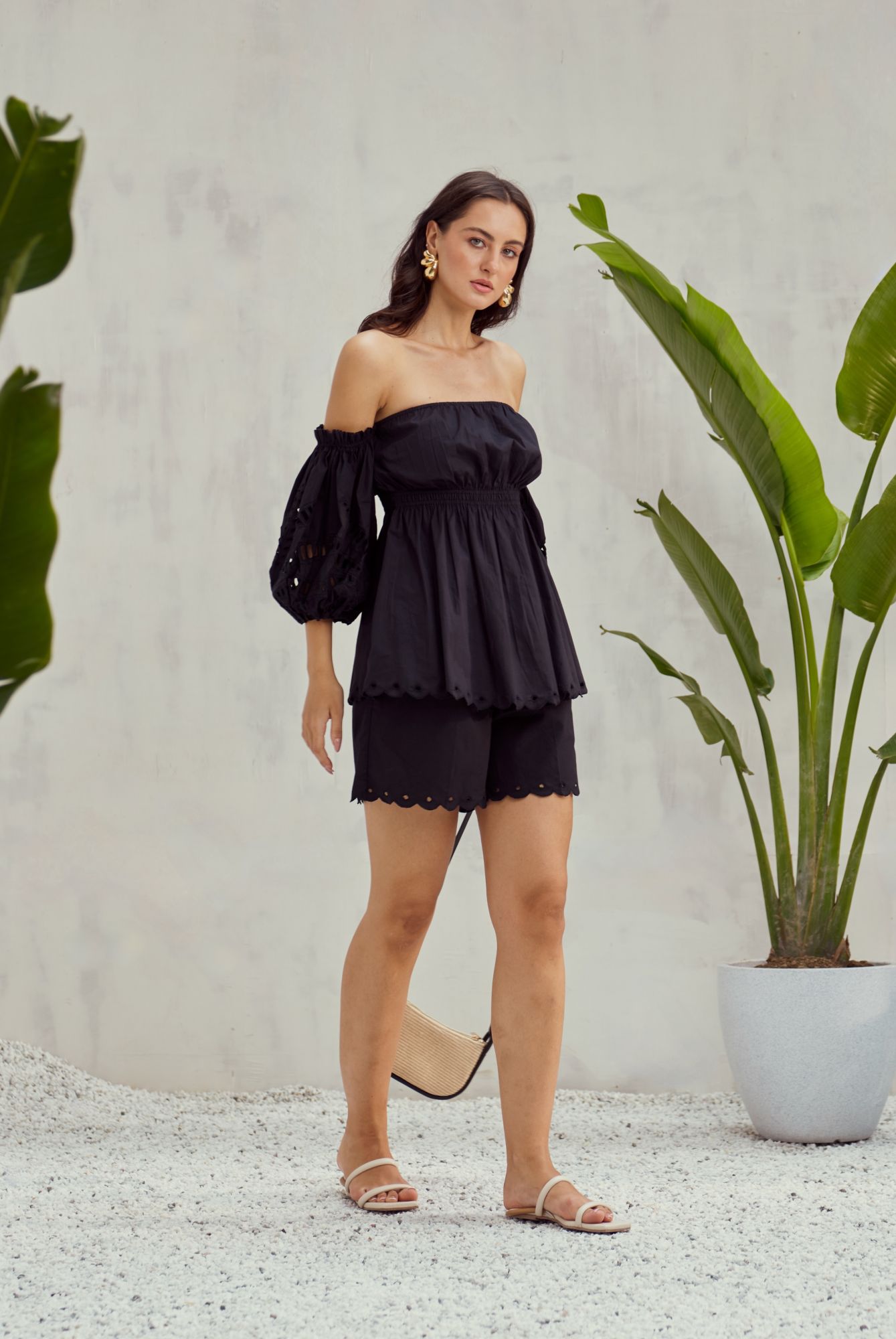 MALIBU-02 BLACK COTTON OFF SHOULDER TOP AND SHORTS CO-ORDINATE WITH CUTWORK EMBROIDERY