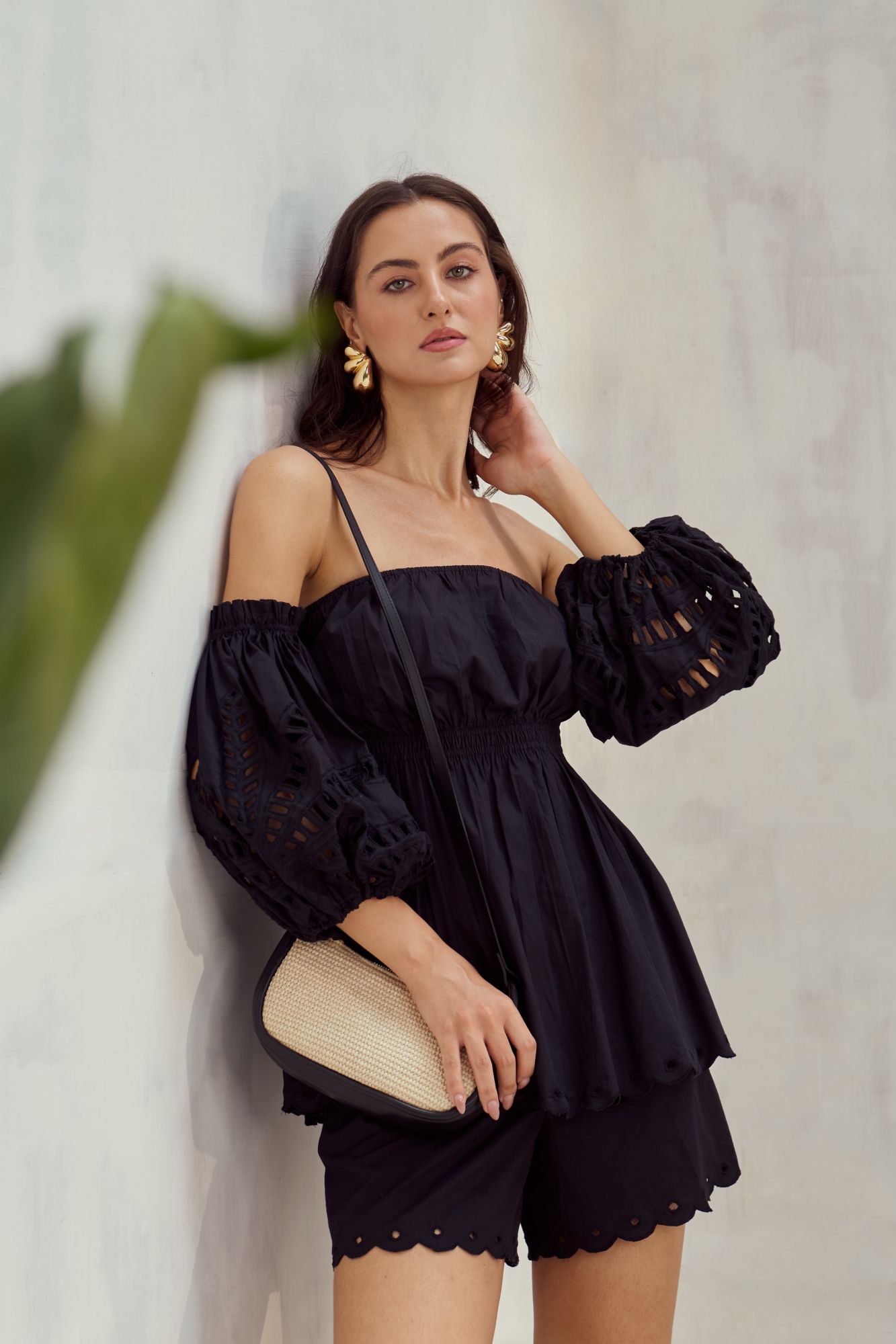 MALIBU-02 BLACK COTTON OFF SHOULDER TOP AND SHORTS CO-ORDINATE WITH CUTWORK EMBROIDERY
